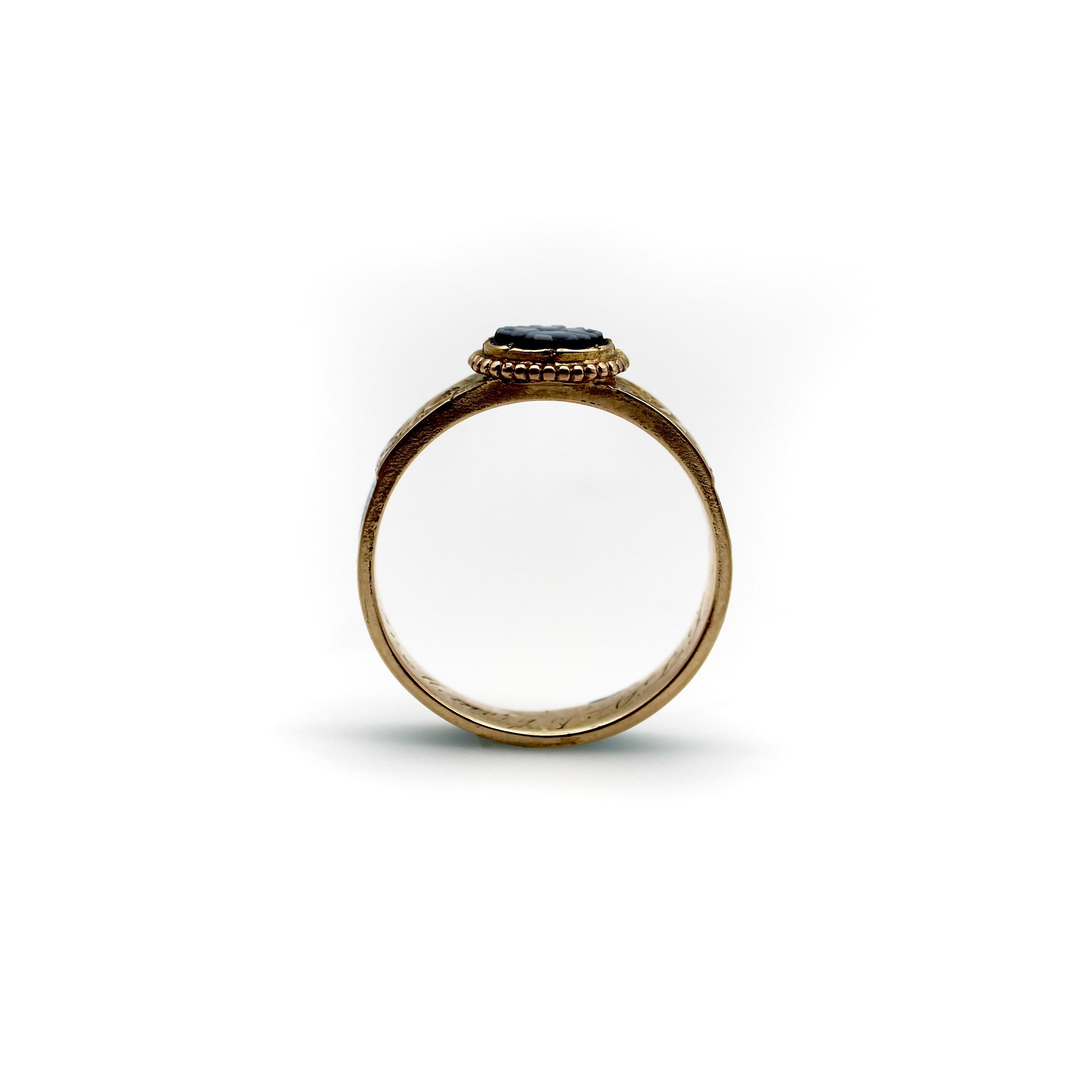 14K Gold viktorianischen gebändert Achat und Türkis Emaille Trauer Ring  (Schildschliff) im Angebot