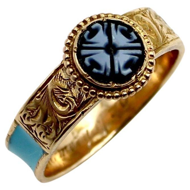 14K Gold Victorian Banded Agate and Turquoise Enamel Mourning Ring For