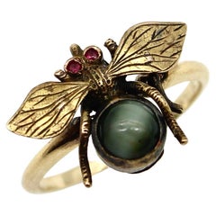 14k Gold Victorian Bee Ring with Ruby & Cats Eye