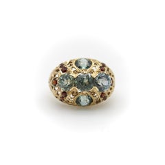14K Gold Victorian Blue Topaz and Garnet Bombe Ring