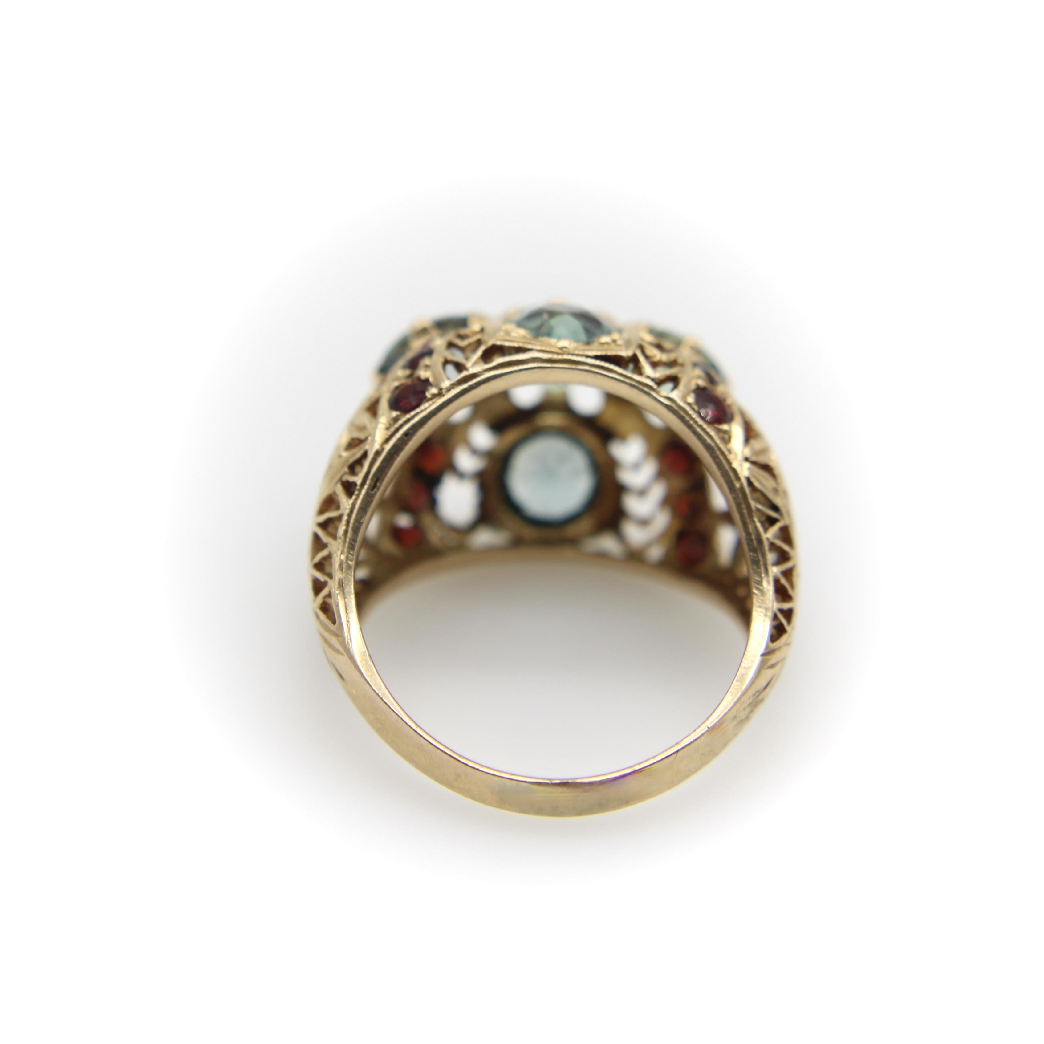 Anello vittoriano in oro 14K con topazio blu e granato in vendita 1