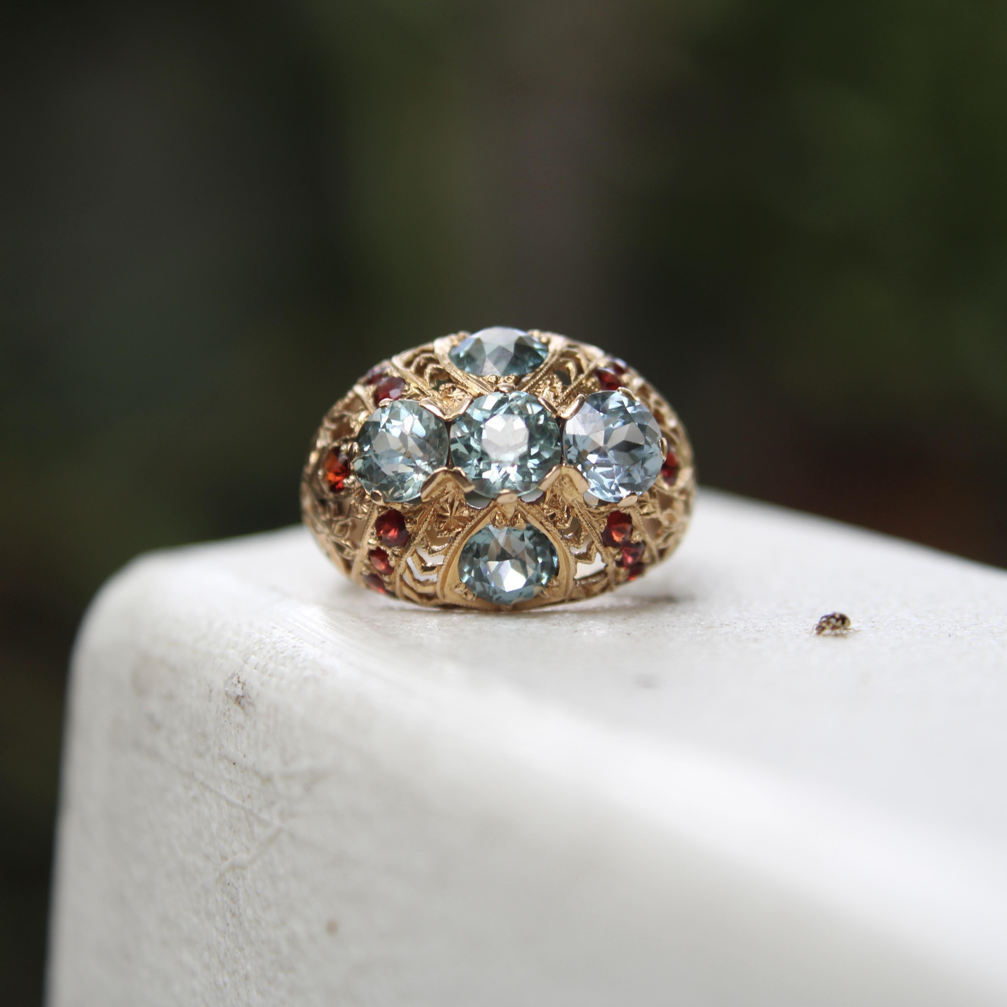 Anello vittoriano in oro 14K con topazio blu e granato in vendita 2