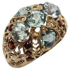 14K Gold Victorian Blue Topaz and Garnet Bombe Ring