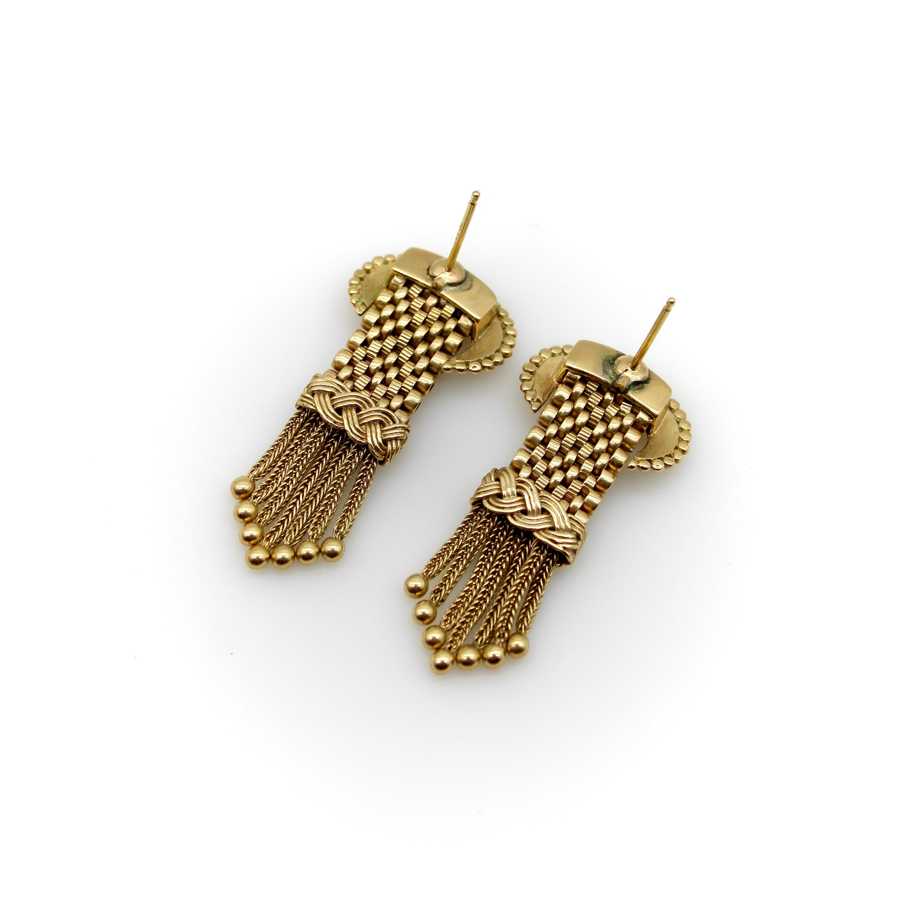 14K Gold Victorian Buckle Earrings with Tassels For Sale 2