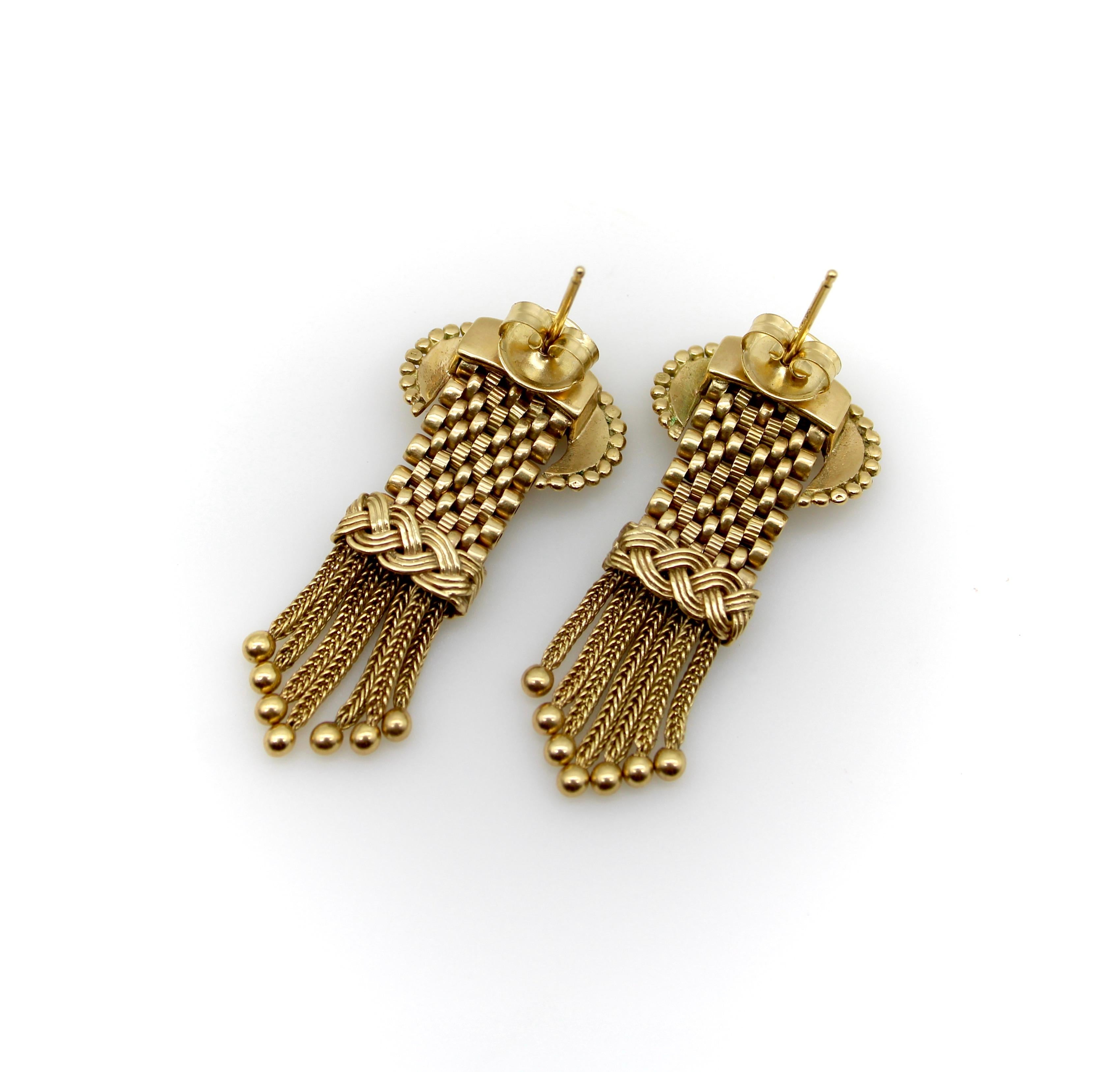 14K Gold Victorian Buckle Earrings with Tassels For Sale 3