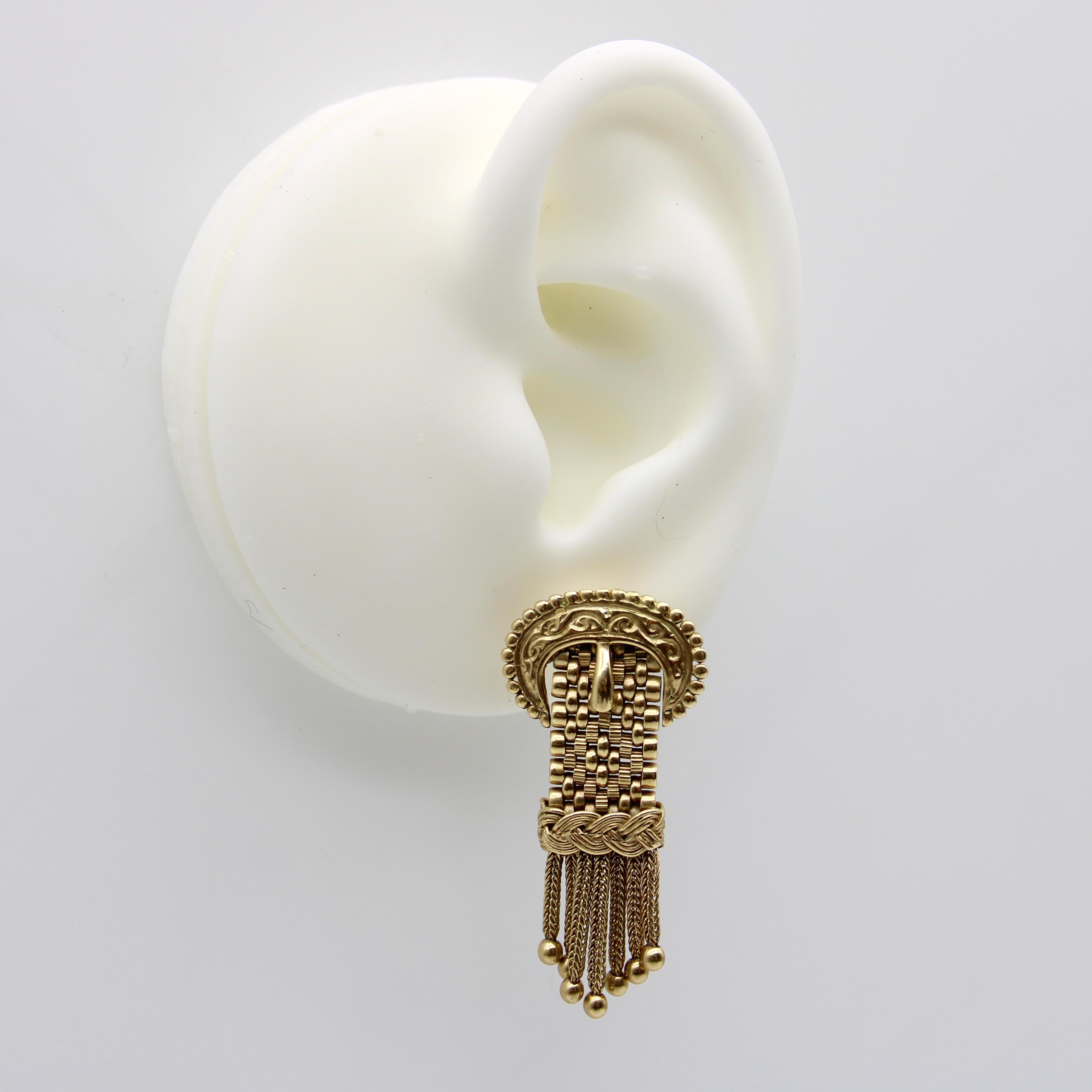 14K Gold Victorian Buckle Earrings with Tassels For Sale 4