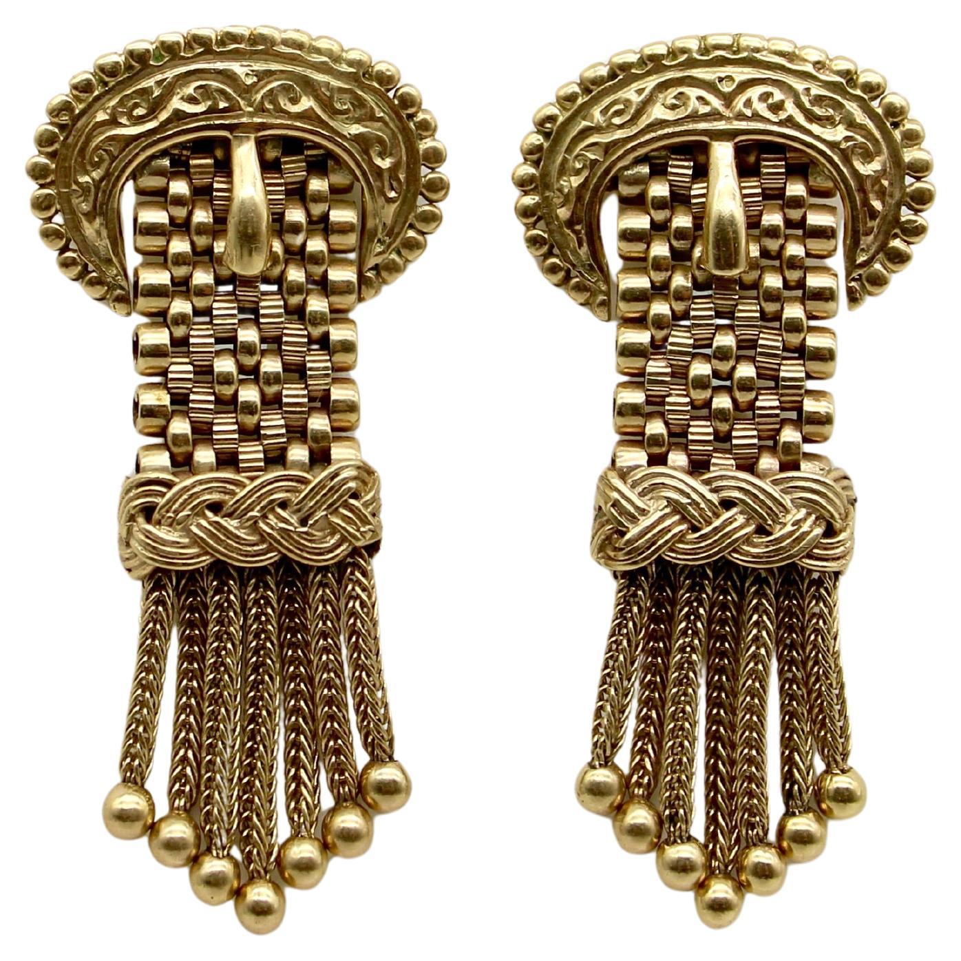 14K Gold Victorian Buckle Earrings with Tassels