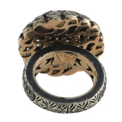 Ornate Pave Diamond Ring In Oxidized Silver & Gold With Rose Cut Center Diamond