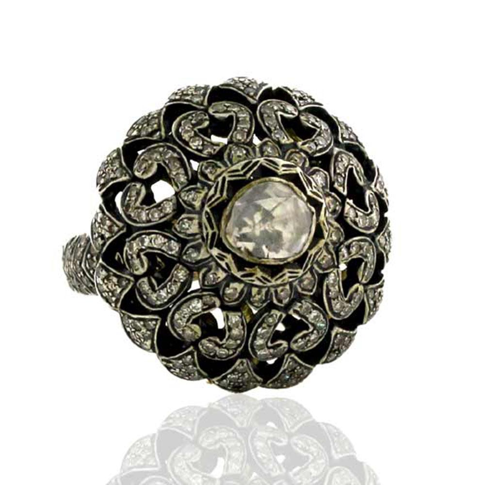 Victorian Ornate Pave Diamond Ring In Oxidized Silver & Gold With Rose Cut Center Diamond For Sale