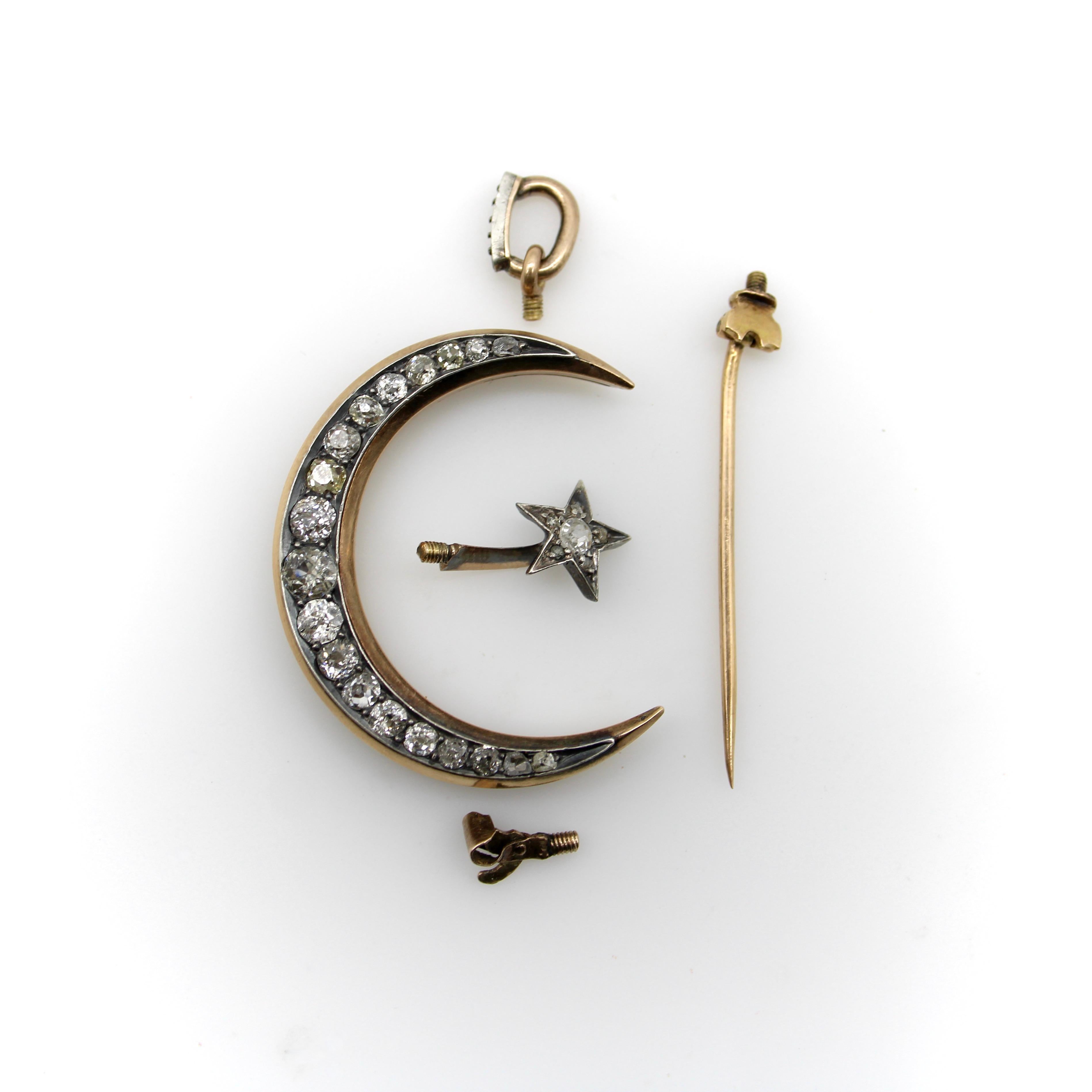 Old Mine Cut 14K Gold Victorian Crescent Moon and Star Convertible Pendant Brooch  For Sale