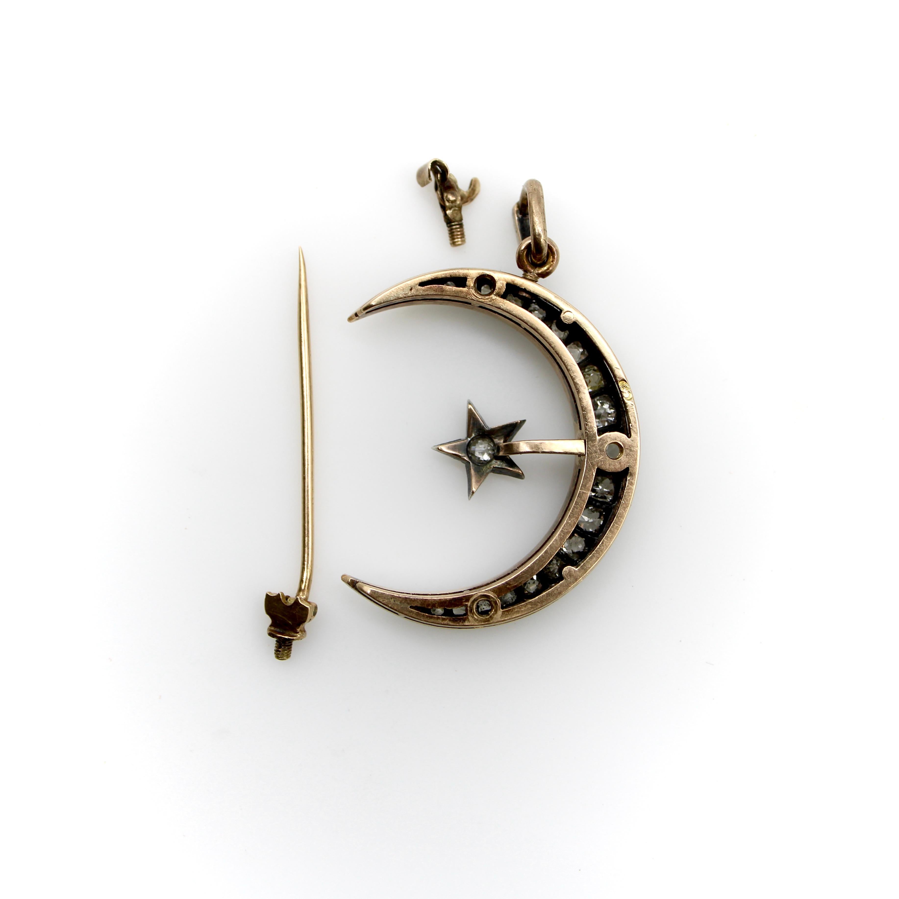 14K Gold Victorian Crescent Moon and Star Convertible Pendant Brooch  In Good Condition For Sale In Venice, CA
