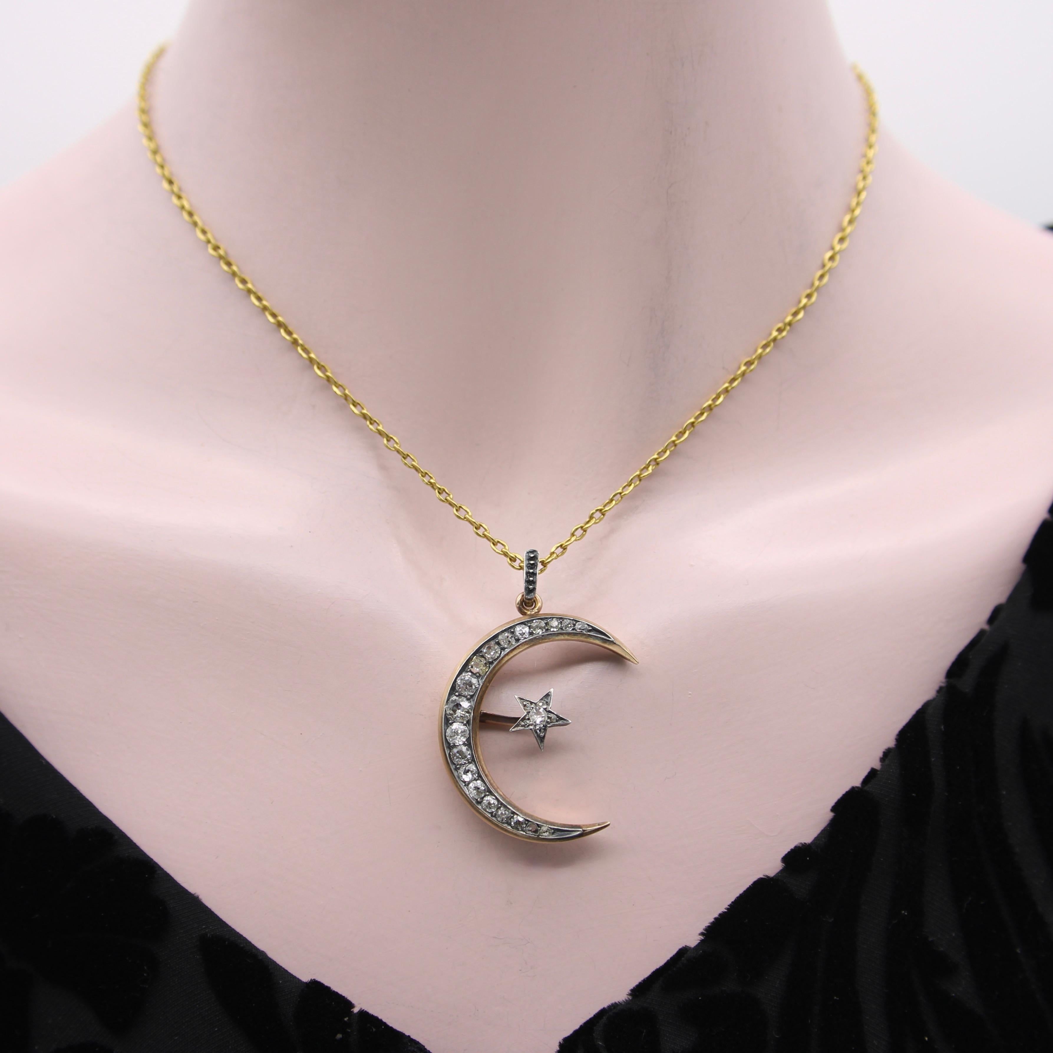 14K Gold Victorian Crescent Moon and Star Convertible Pendant Brooch  For Sale 3