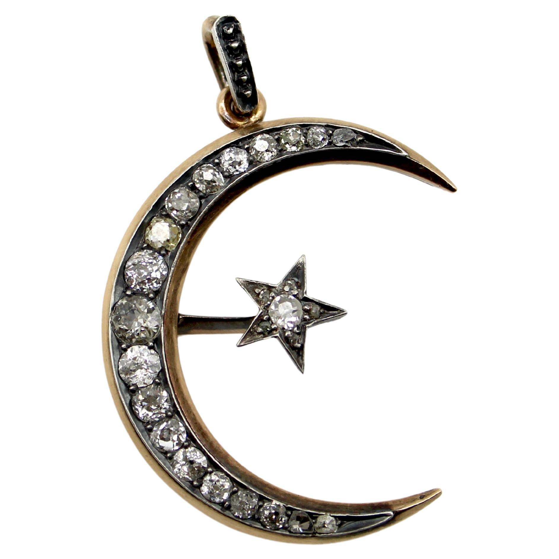 14K Gold Victorian Crescent Moon and Star Convertible Pendant Brooch  For Sale