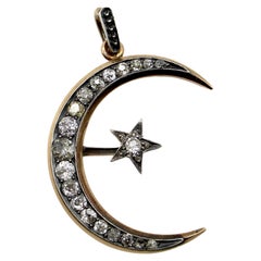 Broche pendentif victorienne convertible en croissant de lune et étoile en or 14 carats 