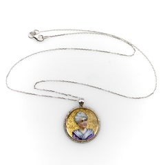 14K Gold Victorian Enamel Miniature Portrait Medallion with 14K Gold Chain
