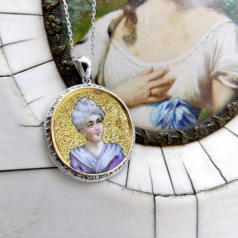 Victorien Médaillon portrait miniature victorien en or 14 carats et émail avec chaîne en or 14 carats en vente