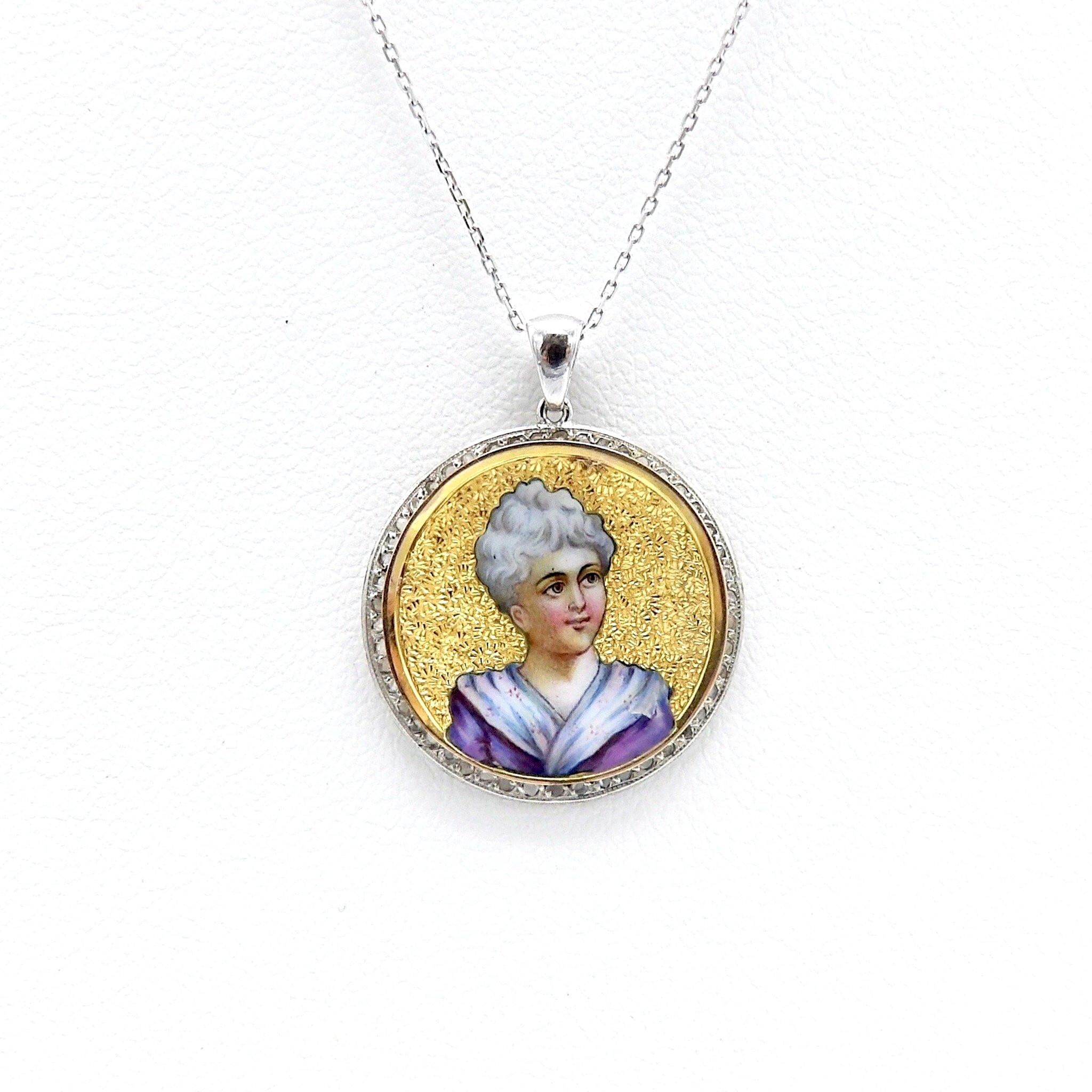 14K Gold Victorian Enamel Miniature Portrait Medallion with 14K Gold Chain For Sale 1