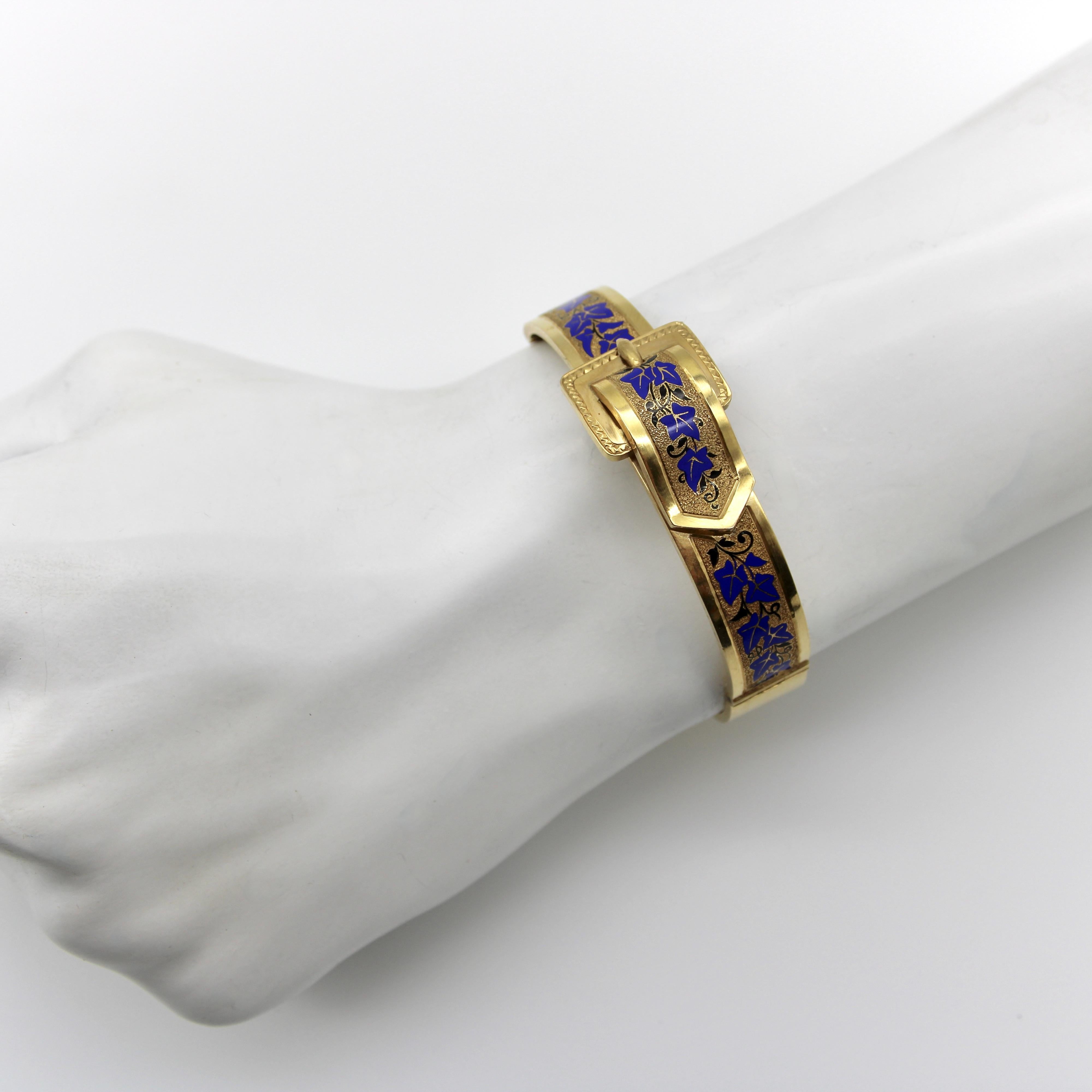 14K Gold Victorian Enameled Blue Ivy Buckle Bracelet For Sale 7