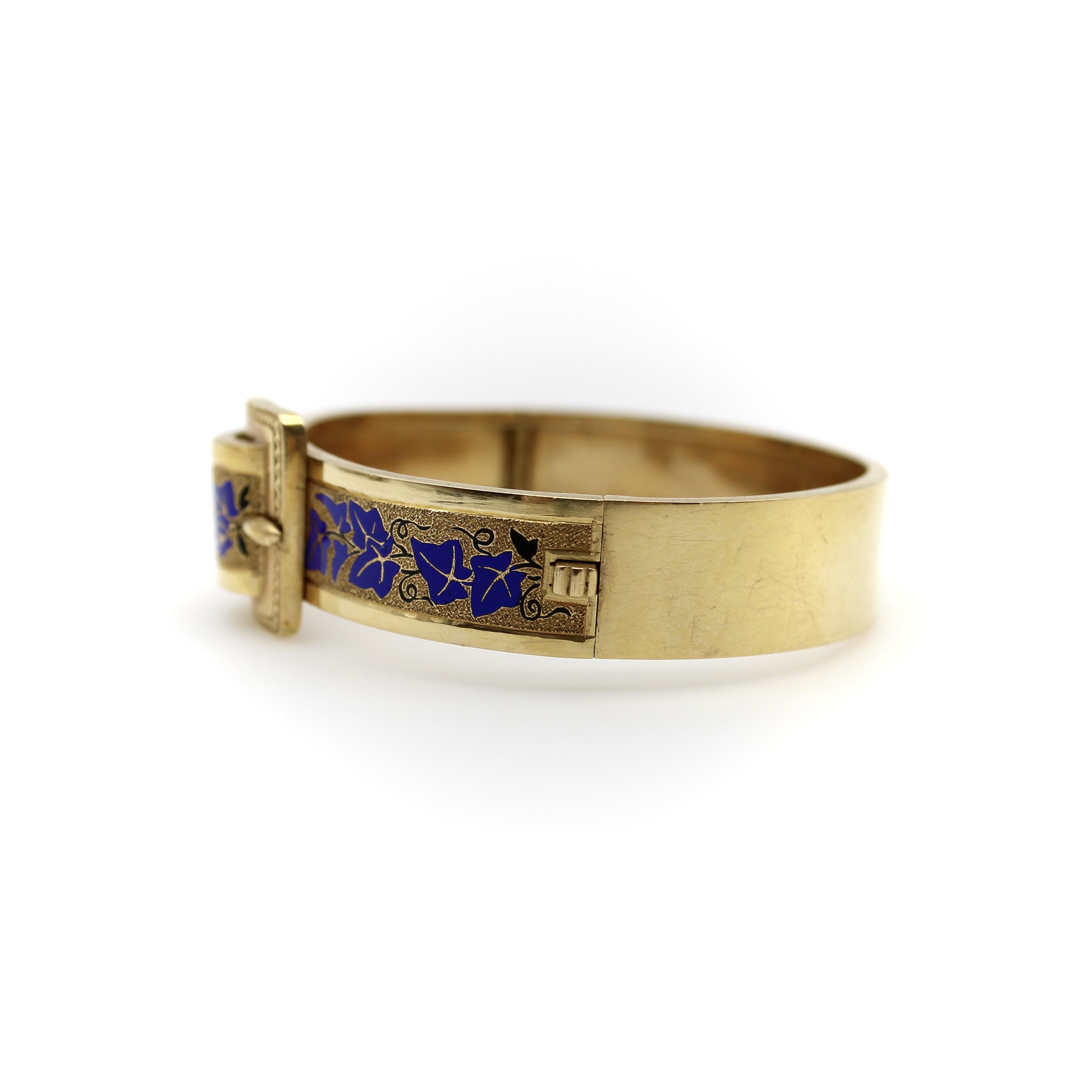 Women's or Men's 14K Gold Victorian Enameled Blue Ivy Buckle Bracelet For Sale