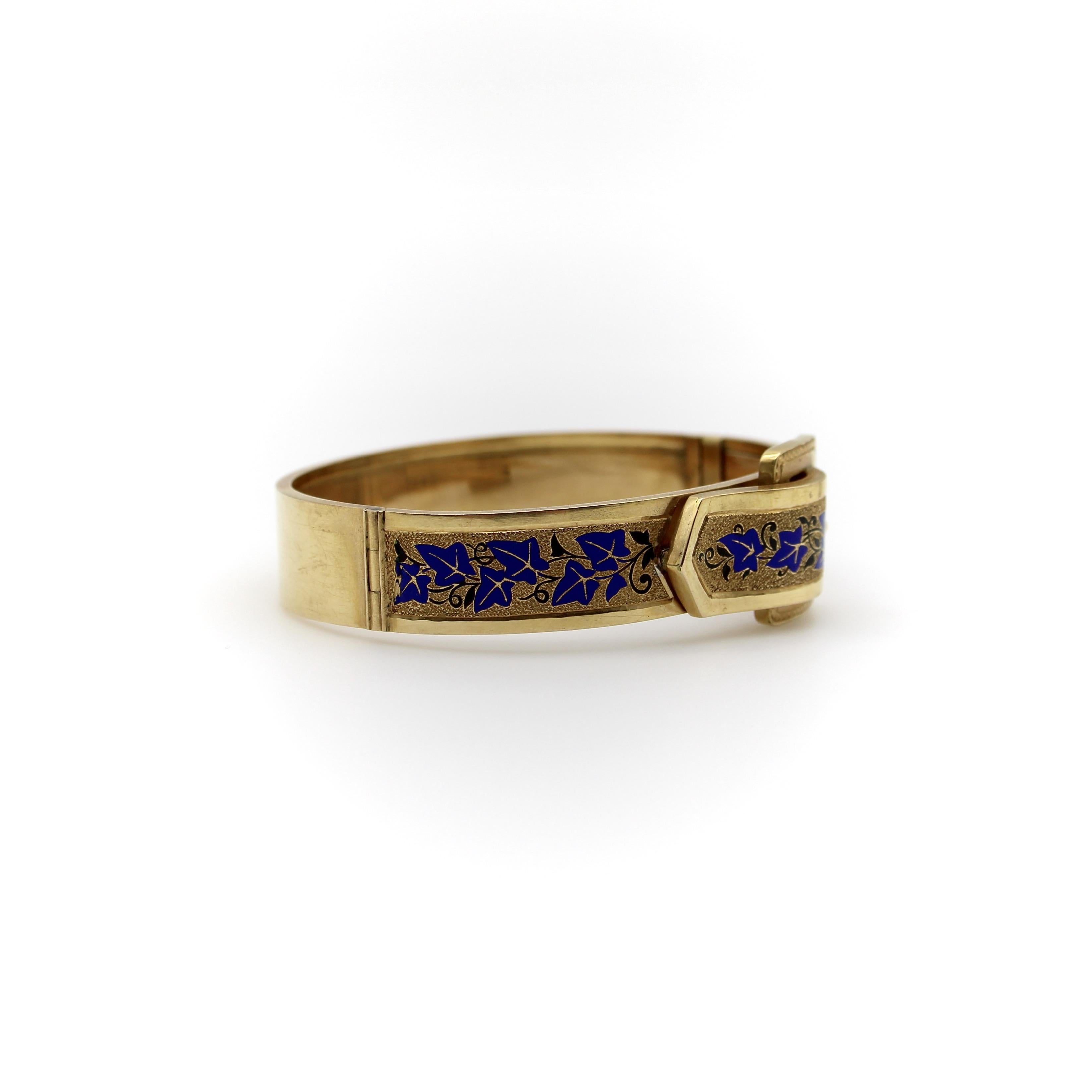 14K Gold Victorian Enameled Blue Ivy Buckle Bracelet For Sale 2