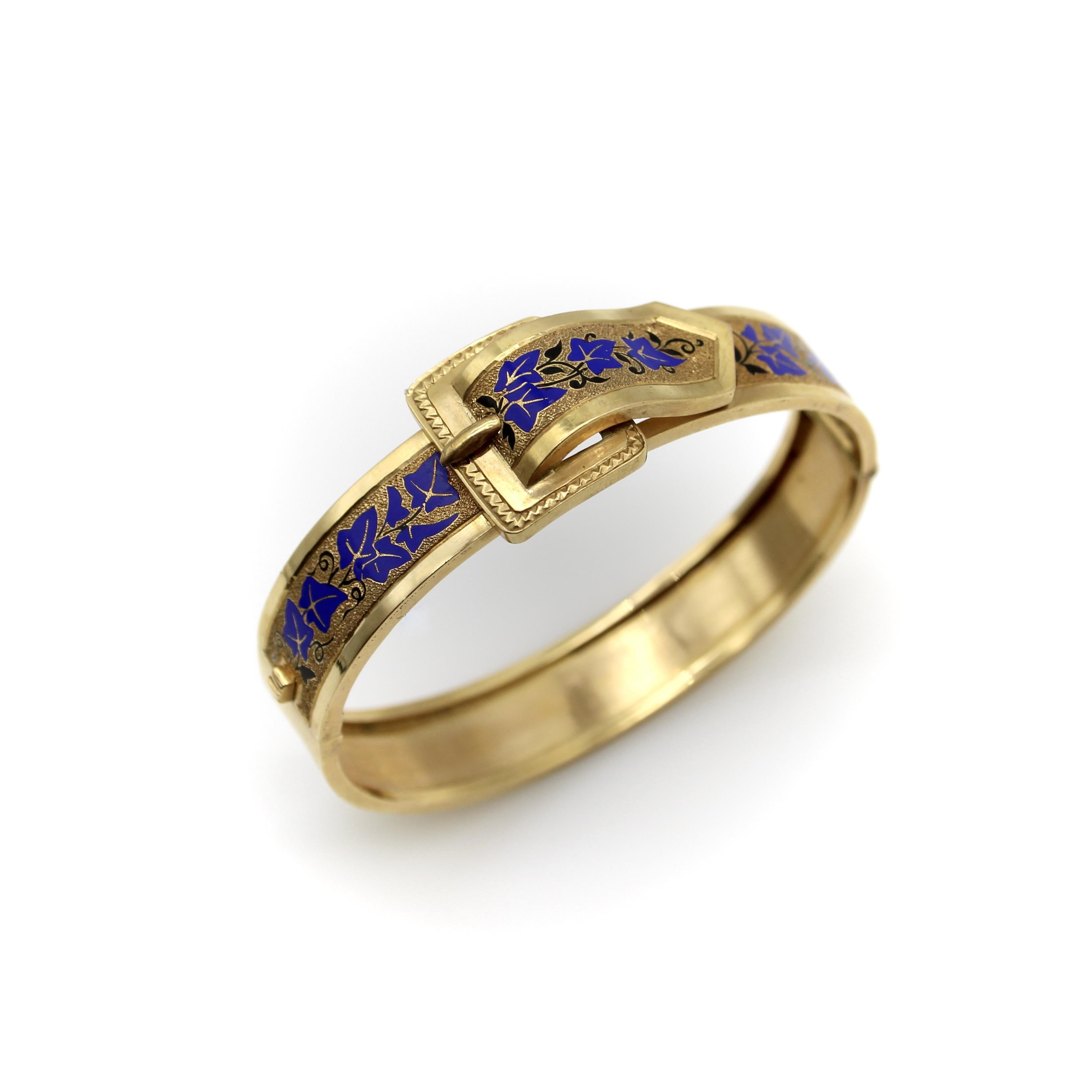 14K Gold Victorian Enameled Blue Ivy Buckle Bracelet For Sale 3