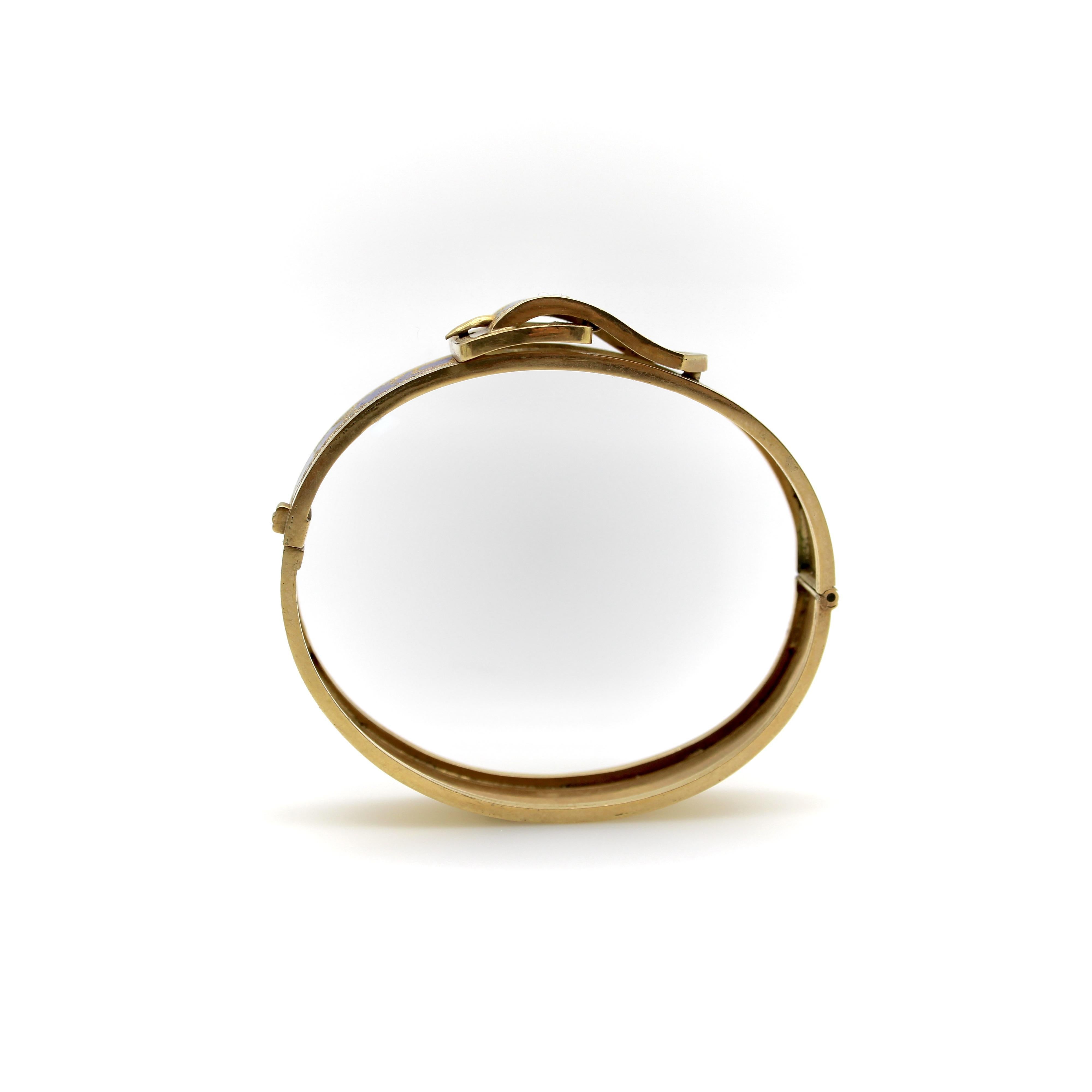14K Gold Victorian Enameled Blue Ivy Buckle Bracelet For Sale 4