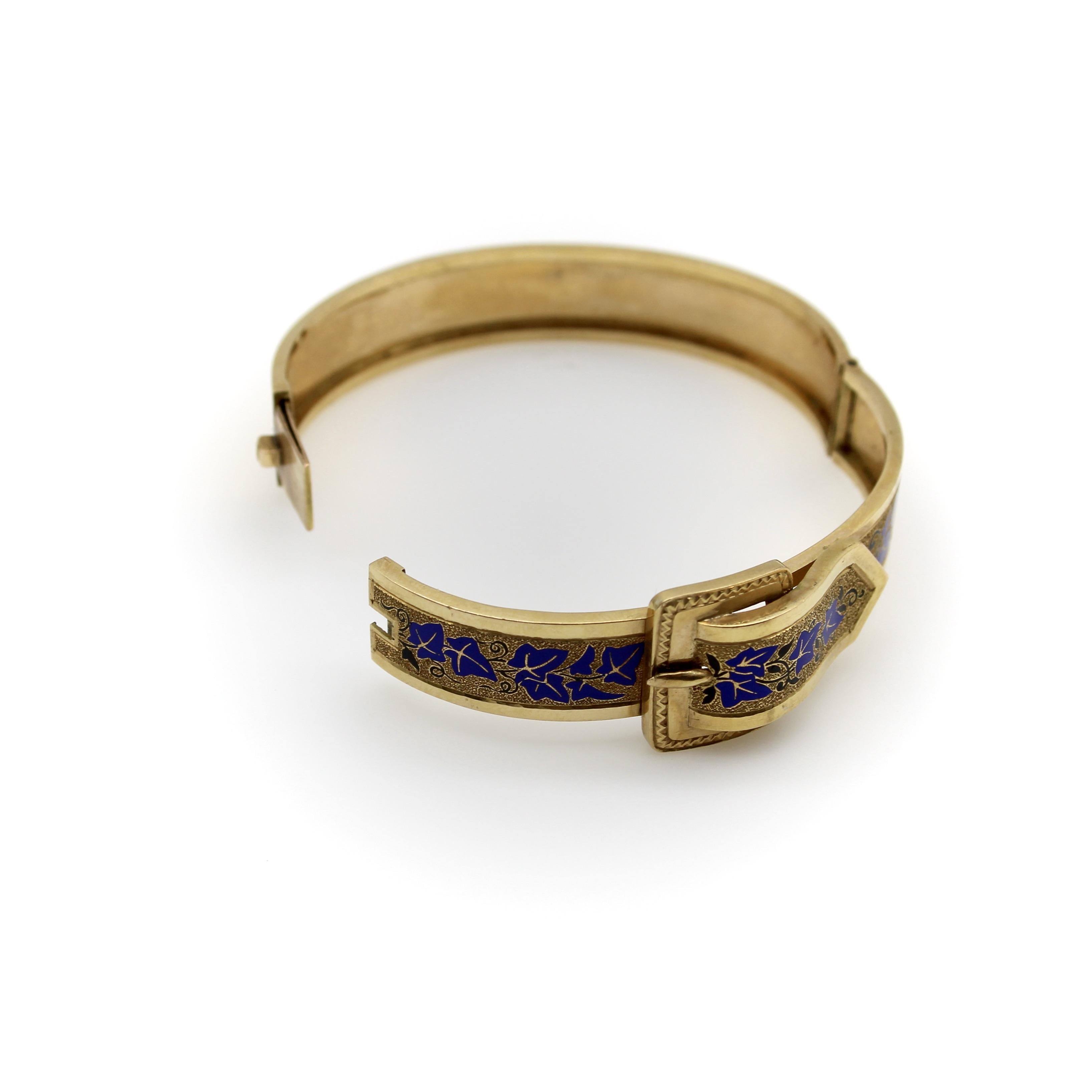 14K Gold Victorian Enameled Blue Ivy Buckle Bracelet For Sale 5