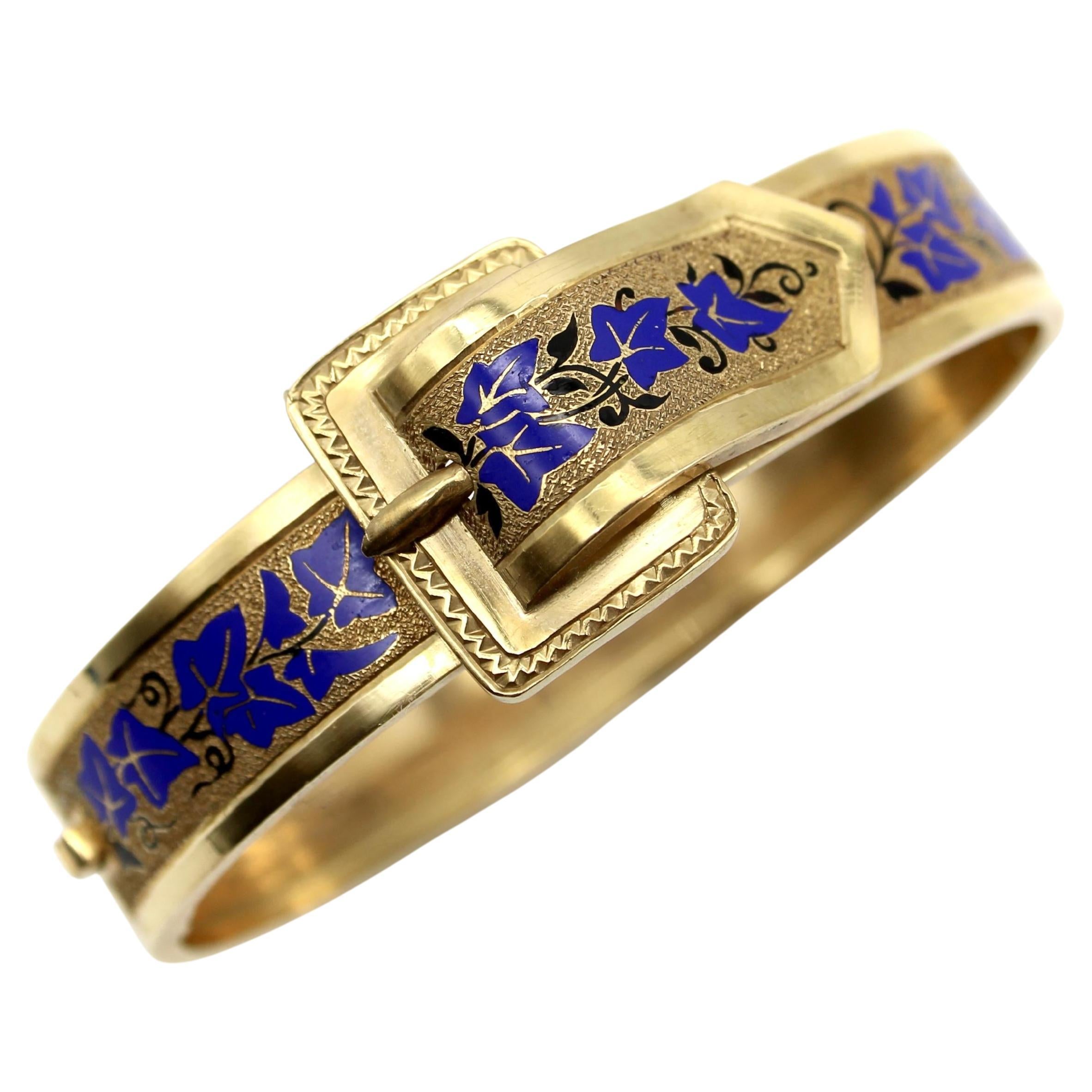 14K Gold Victorian Enameled Blue Ivy Buckle Bracelet For Sale