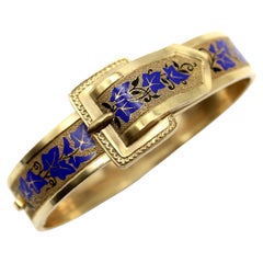 14K Gold Victorian Enameled Blue Ivy Buckle Bracelet