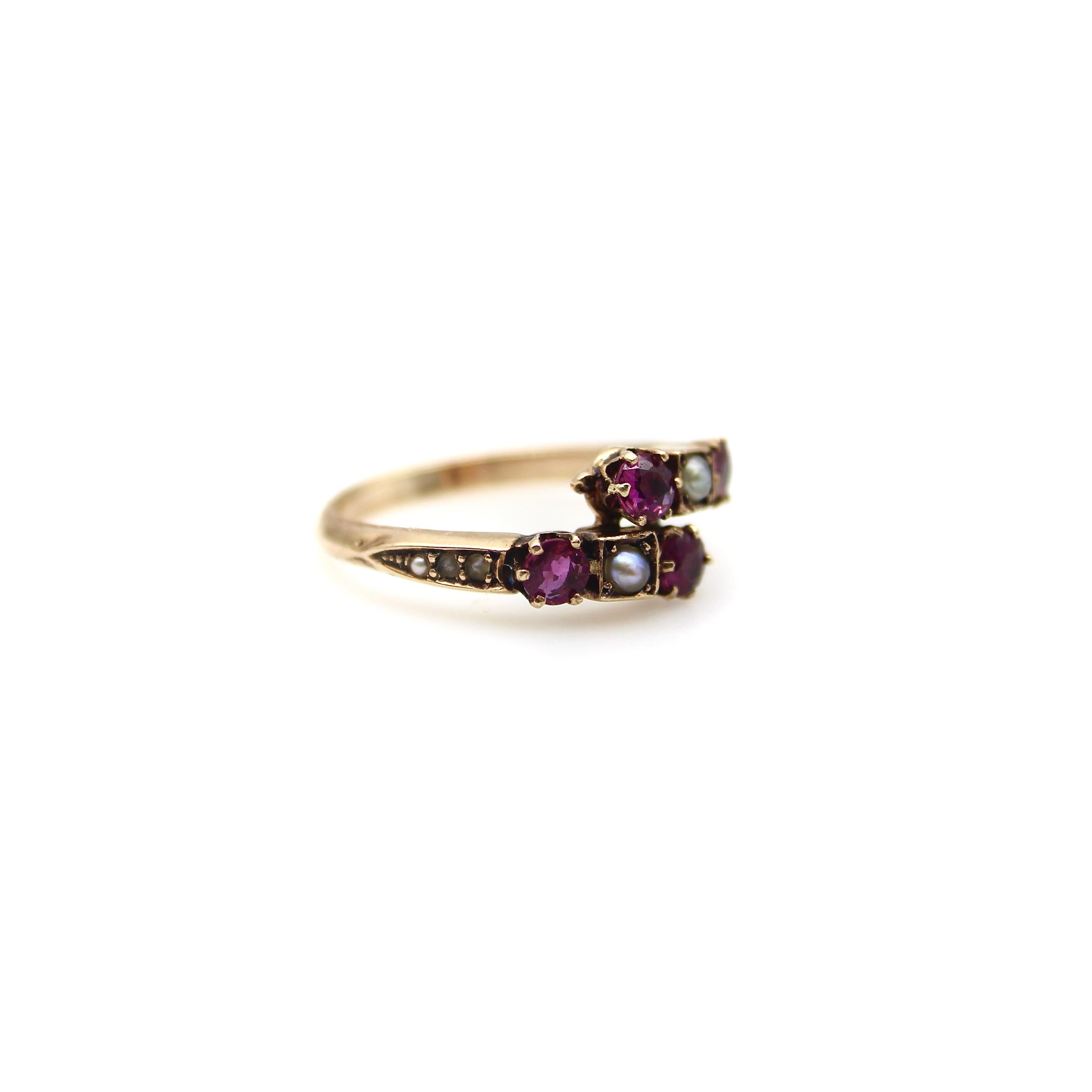 Old European Cut 14K Gold Victorian Era Ruby and Pearl Bypass Ring  For Sale