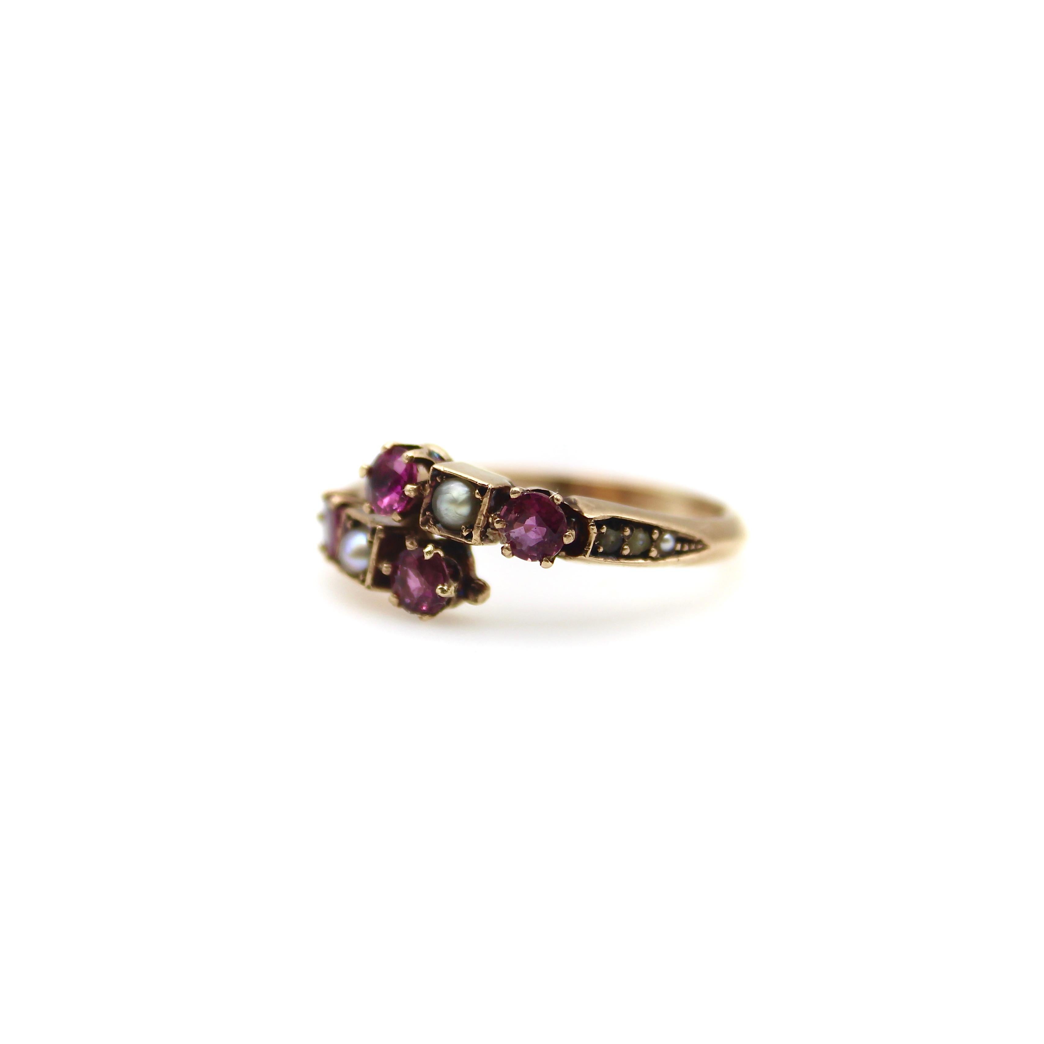 14K Gold Victorian Era Ruby and Pearl Bypass Ring  In Good Condition For Sale In Venice, CA