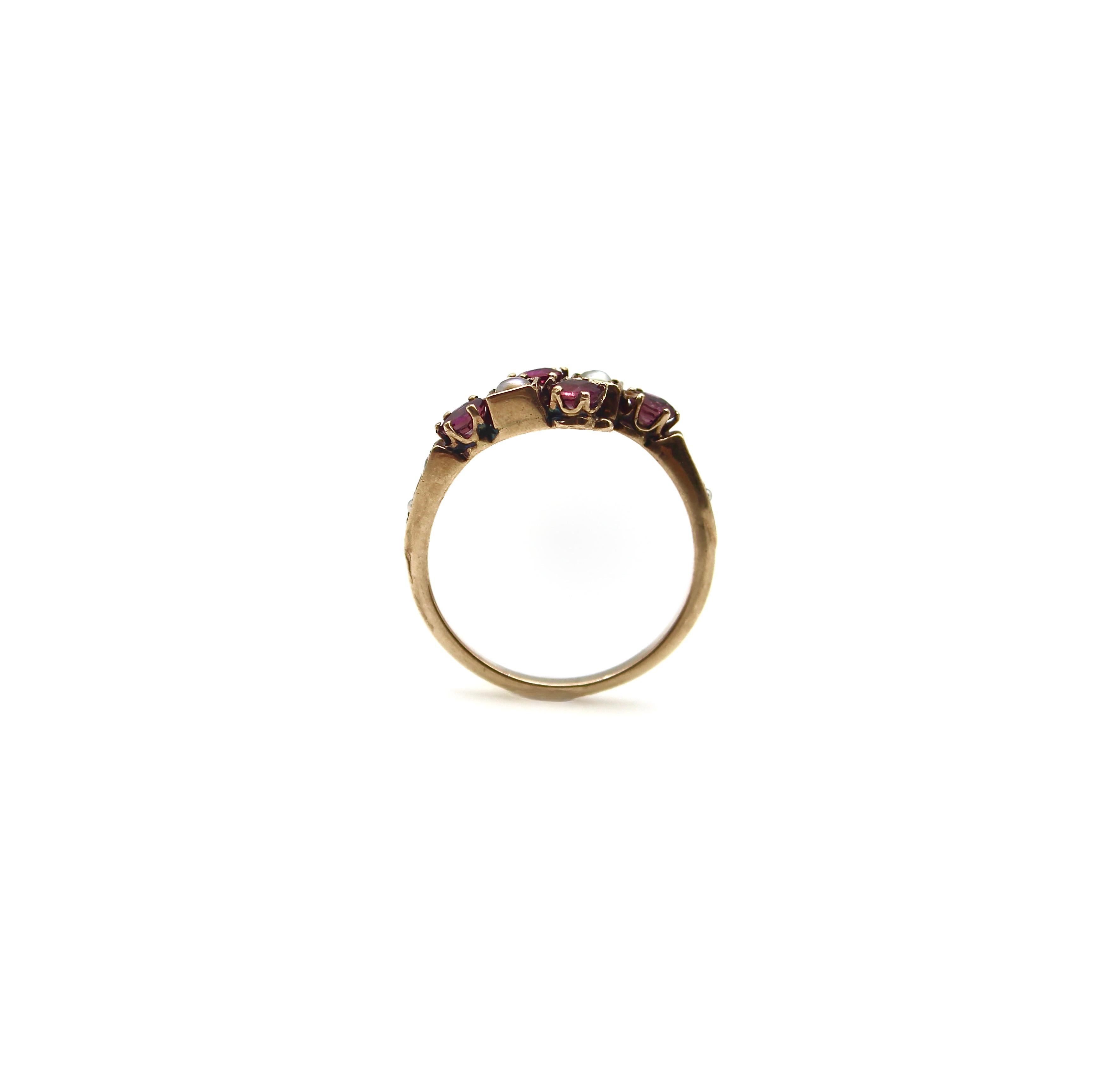 Women's 14K Gold Victorian Era Ruby and Pearl Bypass Ring  For Sale