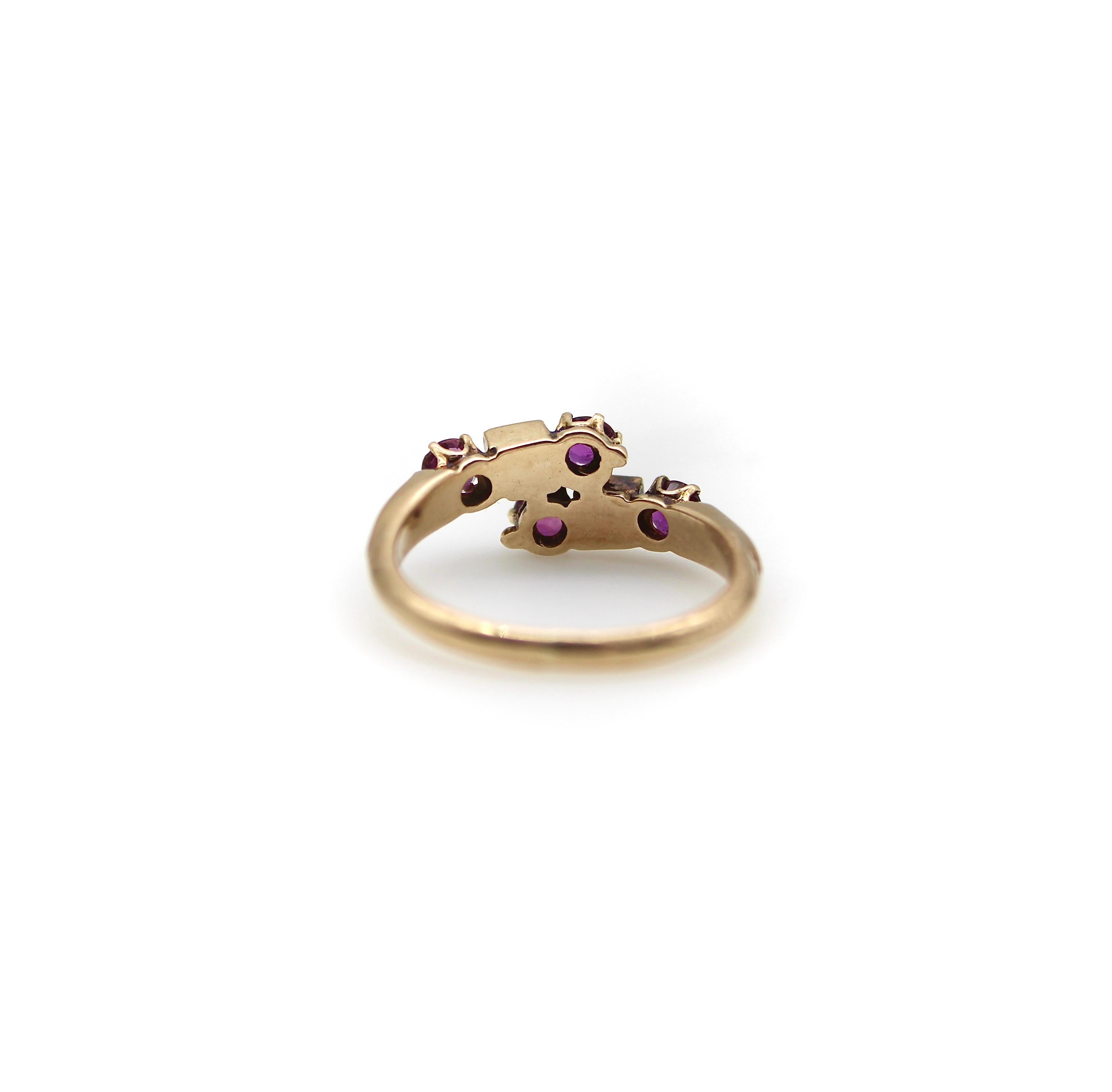14K Gold Victorian Era Ruby and Pearl Bypass Ring  For Sale 1