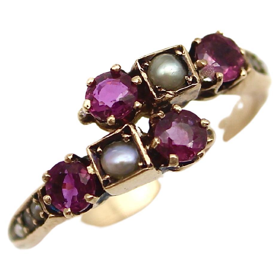 14K Gold Victorian Era Ruby and Pearl Bypass Ring  For Sale