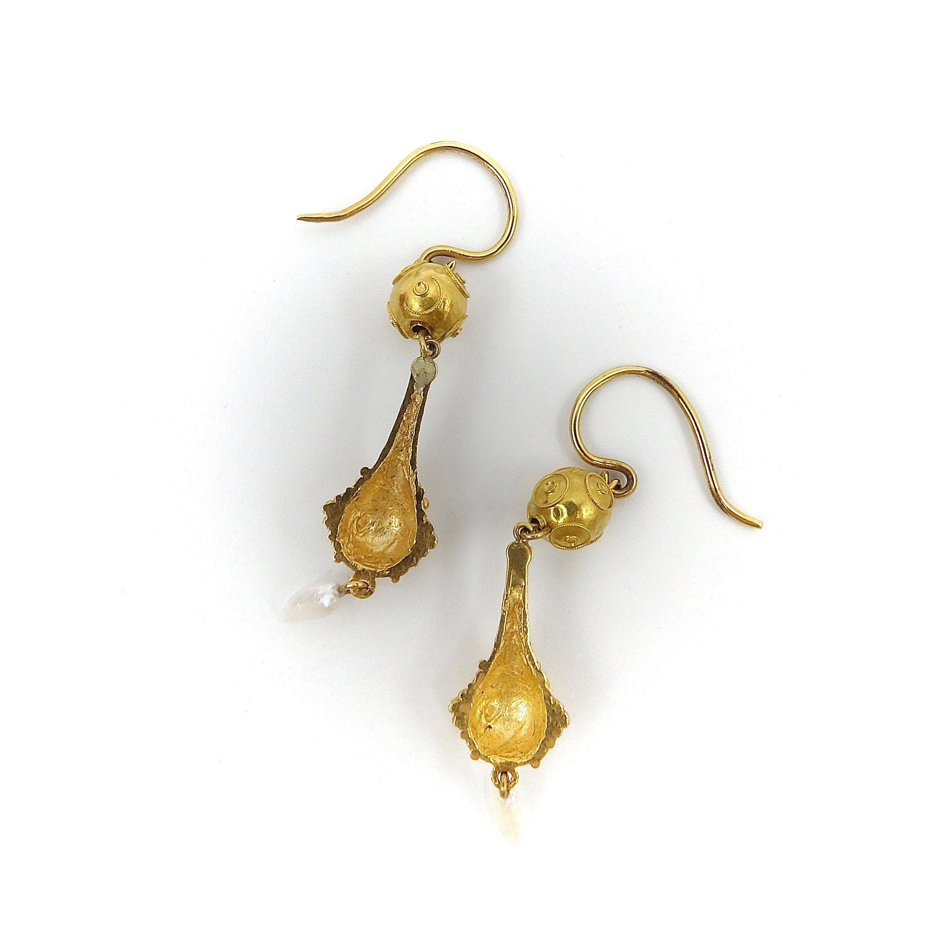 Bead 14k Gold Victorian Etruscan Revival Dangle Earrings with Pearls For Sale