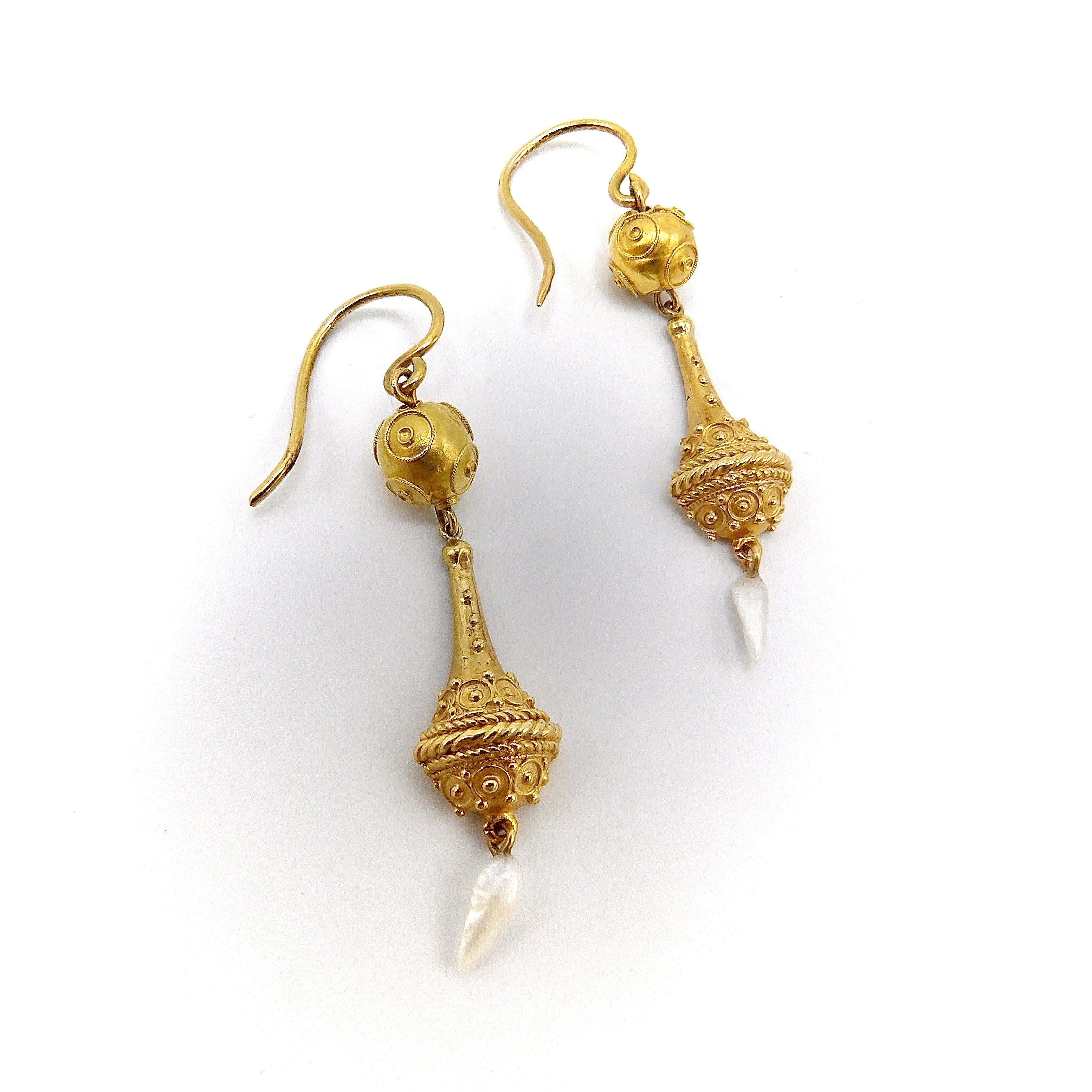 14k Gold Victorian Etruscan Revival Dangle Earrings with Pearls In Good Condition For Sale In Venice, CA
