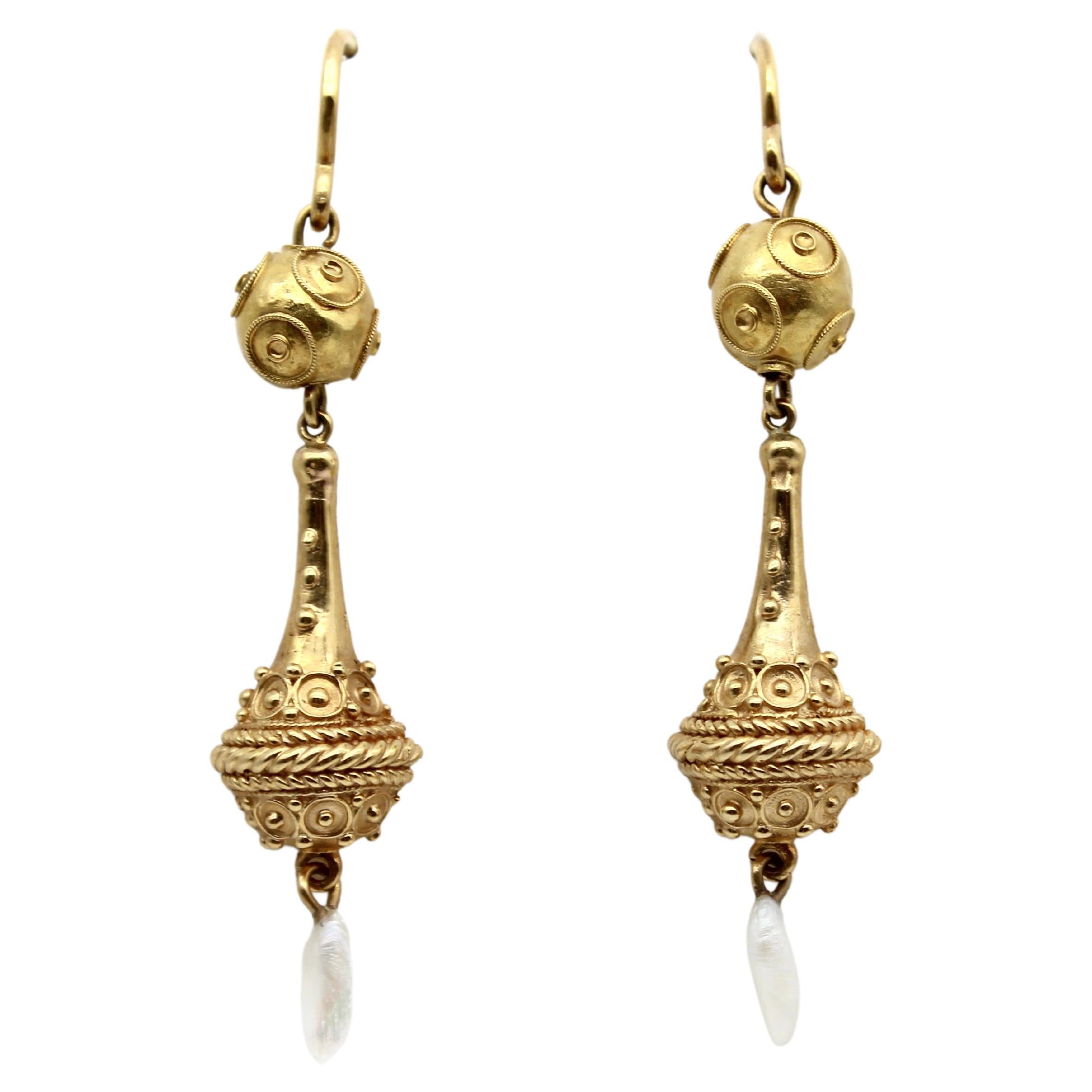 14k Gold Victorian Etruscan Revival Dangle Earrings with Pearls For Sale