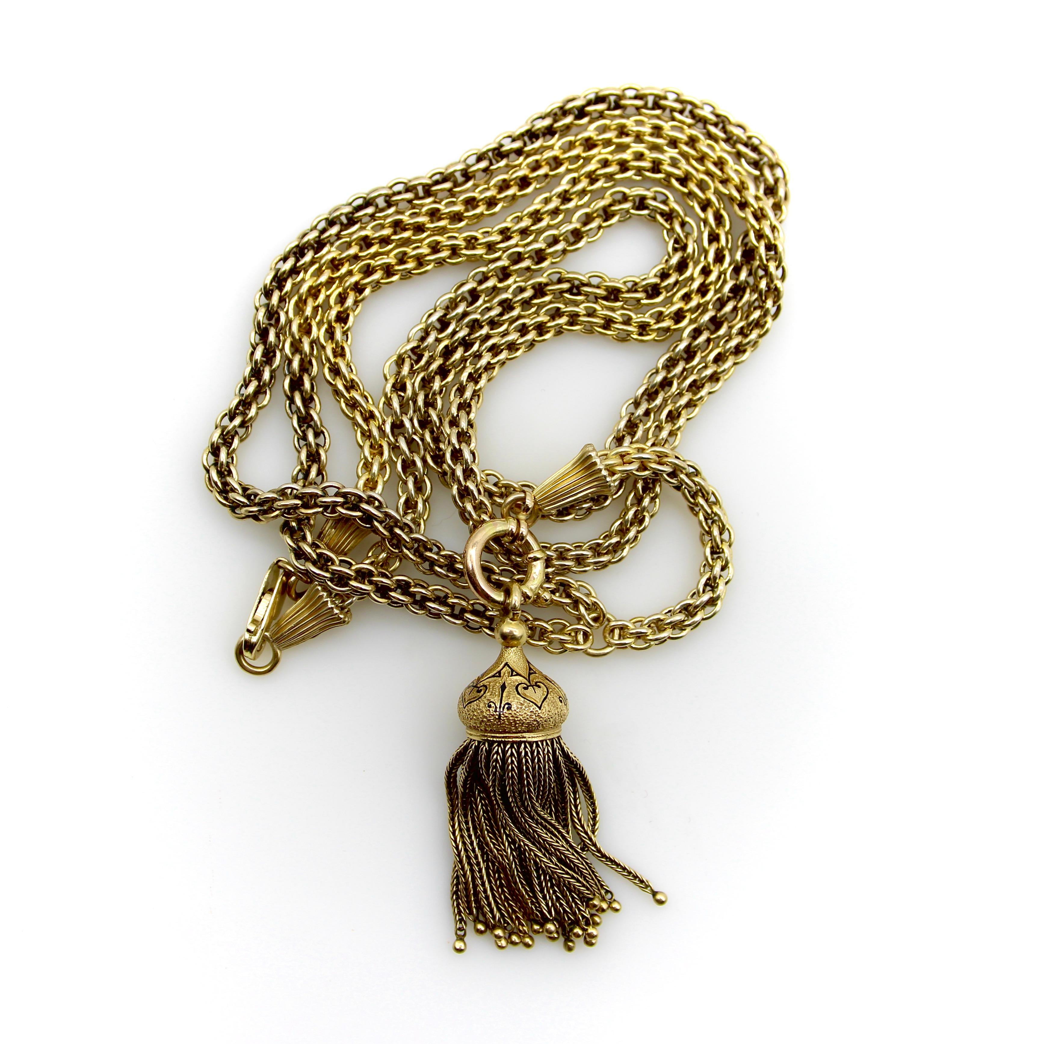 14K Gold Victorian Fancy Link Long Chain with Drop and Enameled Tassel In Good Condition For Sale In Venice, CA