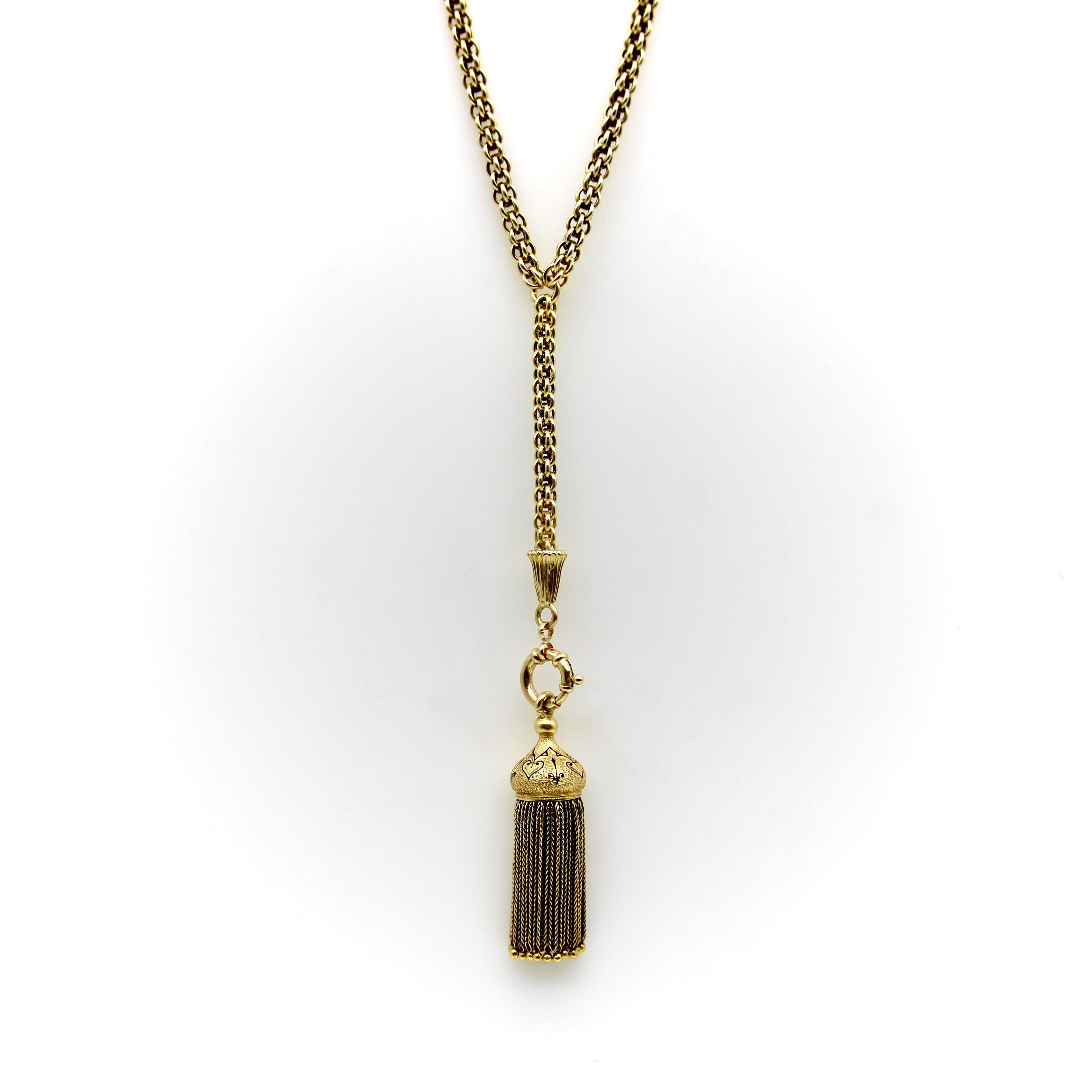 14K Gold Victorian Fancy Link Long Chain with Drop and Enameled Tassel For Sale 1