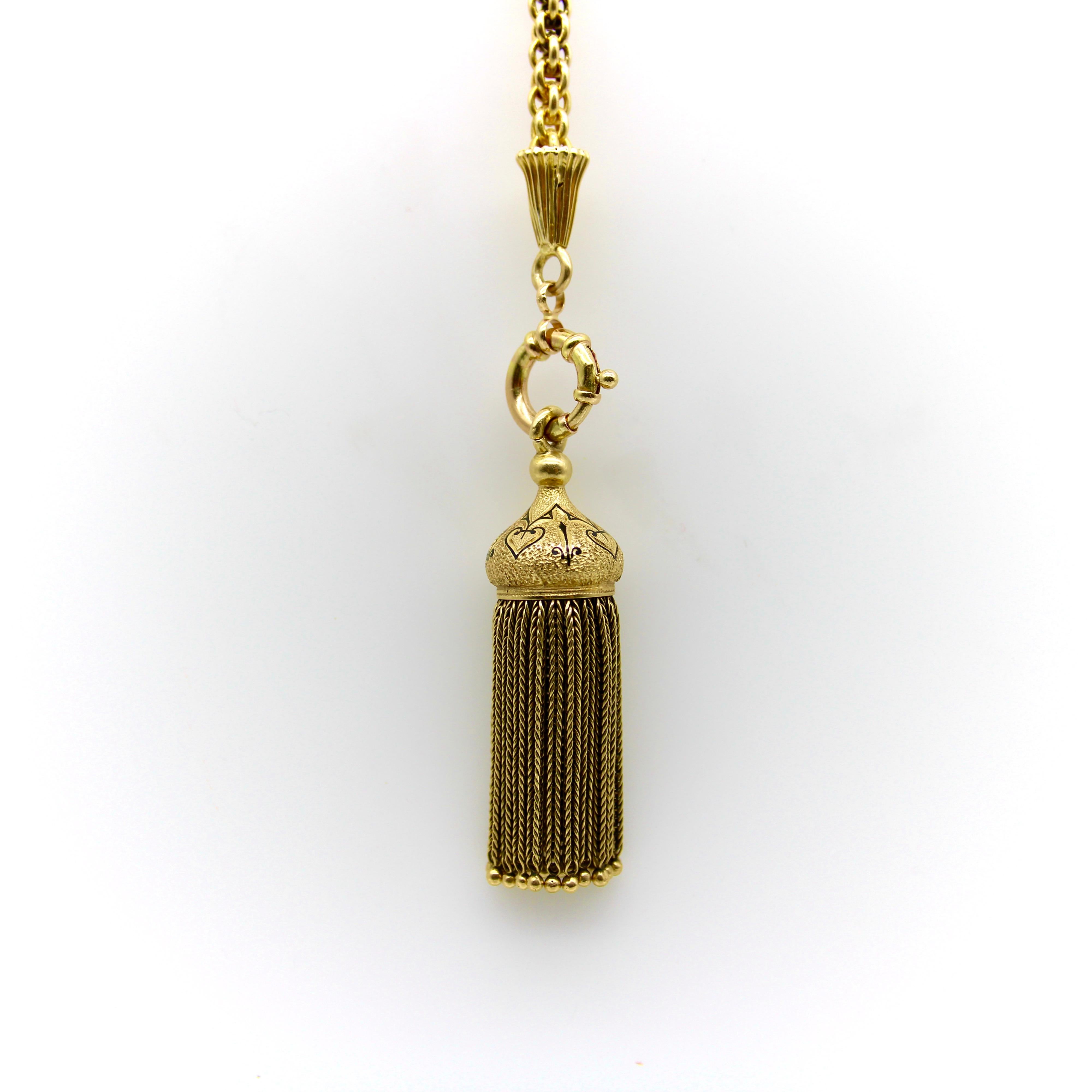 14K Gold Victorian Fancy Link Long Chain with Drop and Enameled Tassel For Sale 2