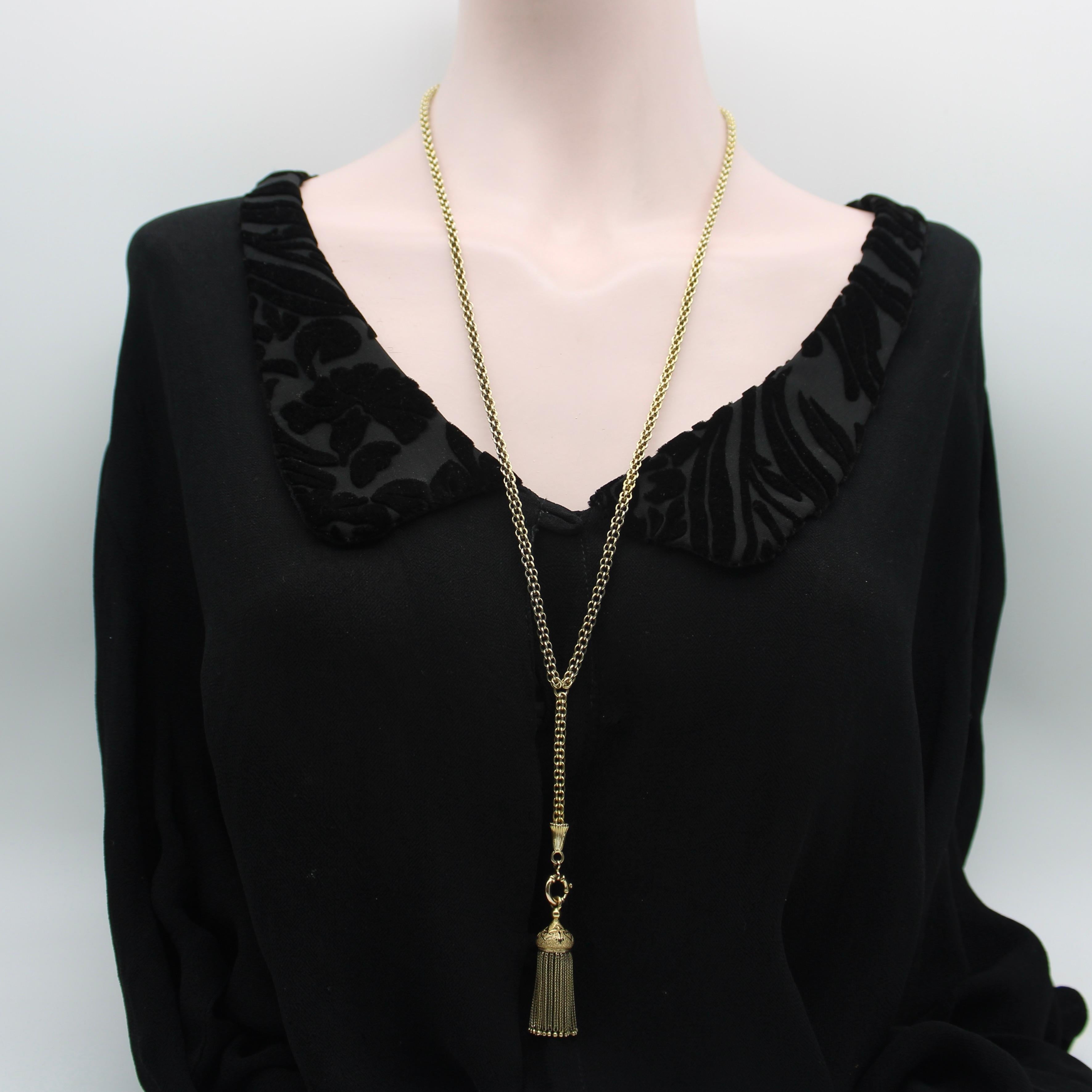 14K Gold Victorian Fancy Link Long Chain with Drop and Enameled Tassel For Sale 3