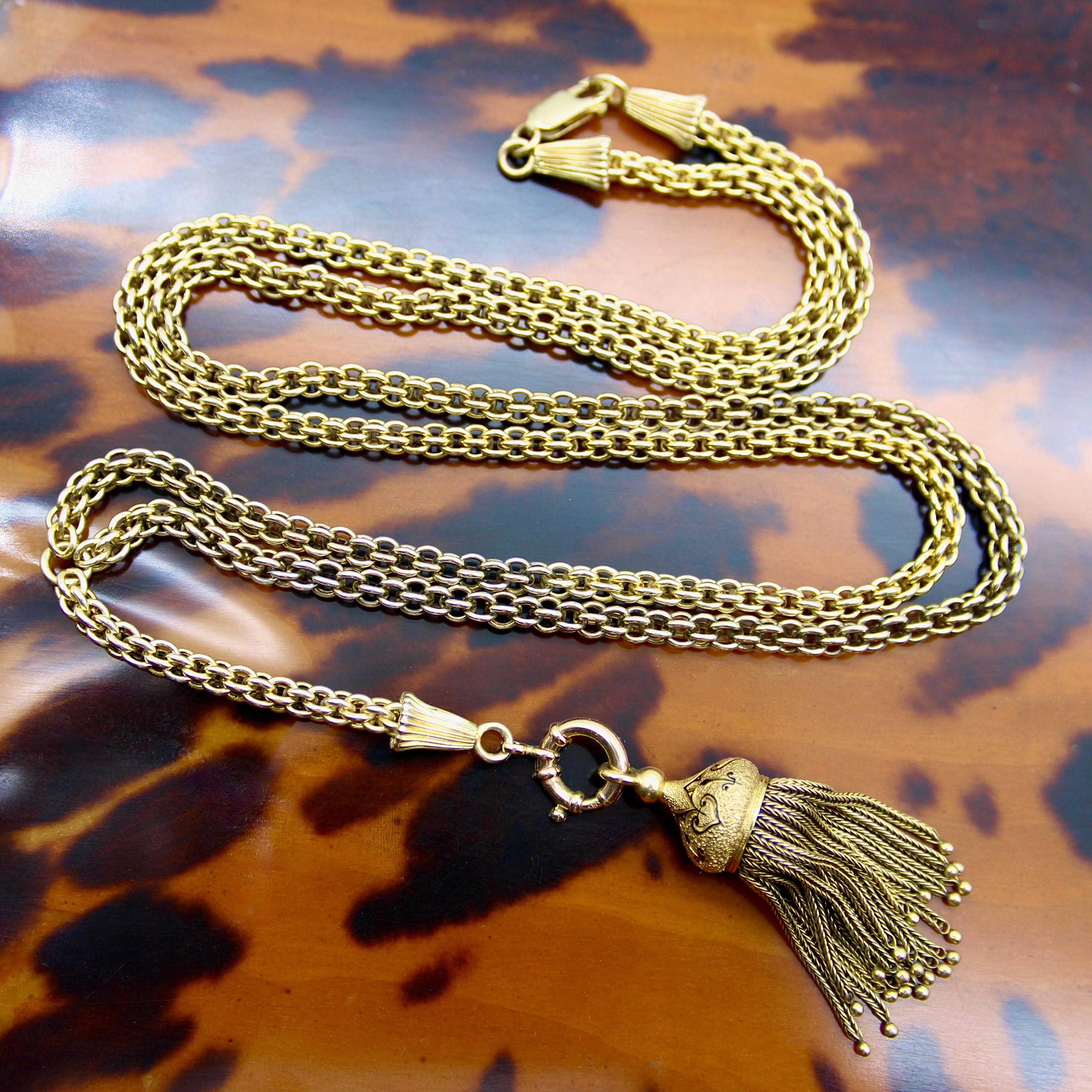 14K Gold Victorian Fancy Link Long Chain with Drop and Enameled Tassel For Sale 4