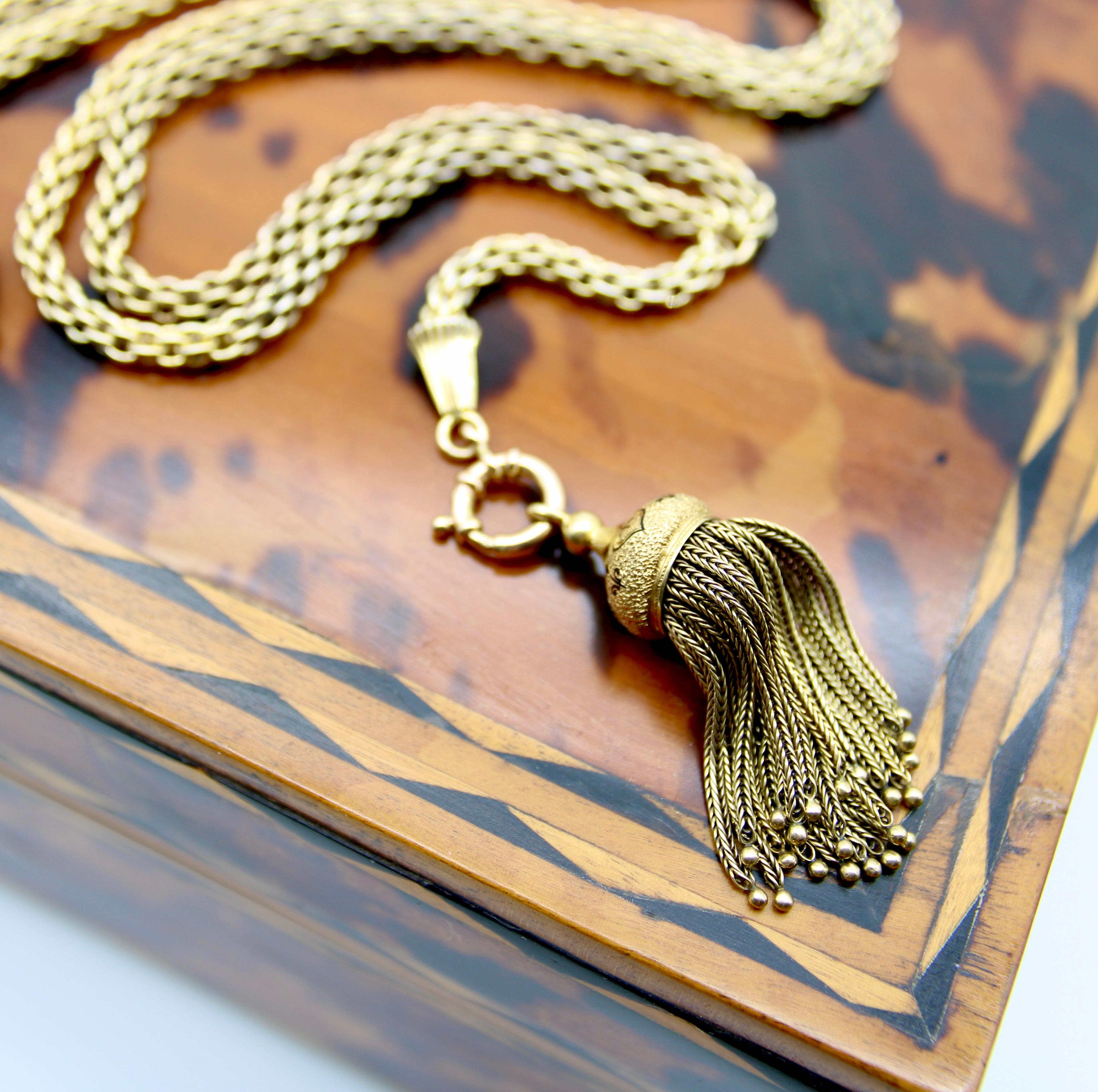 14K Gold Victorian Fancy Link Long Chain with Drop and Enameled Tassel For Sale 5