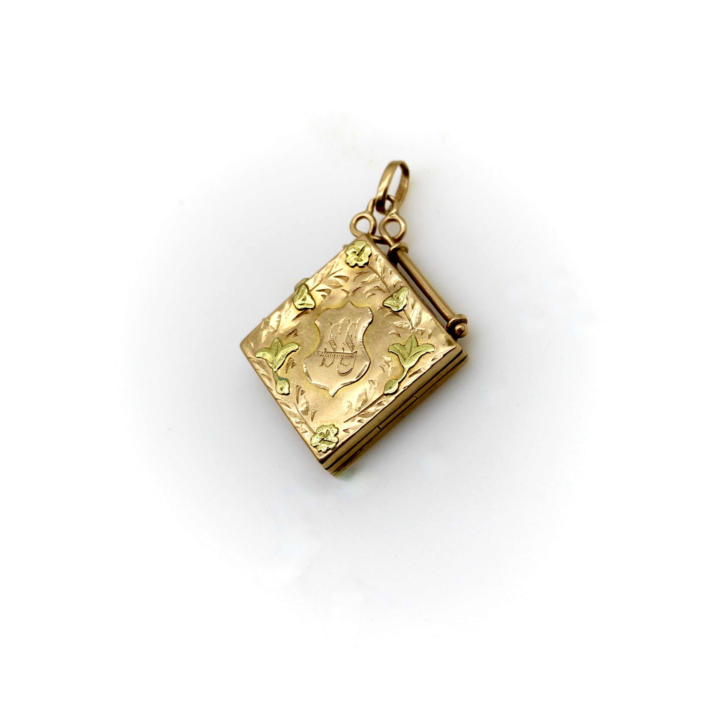 14K Gold Victorian Hand Engraved Square Fob Locket In Good Condition In Venice, CA