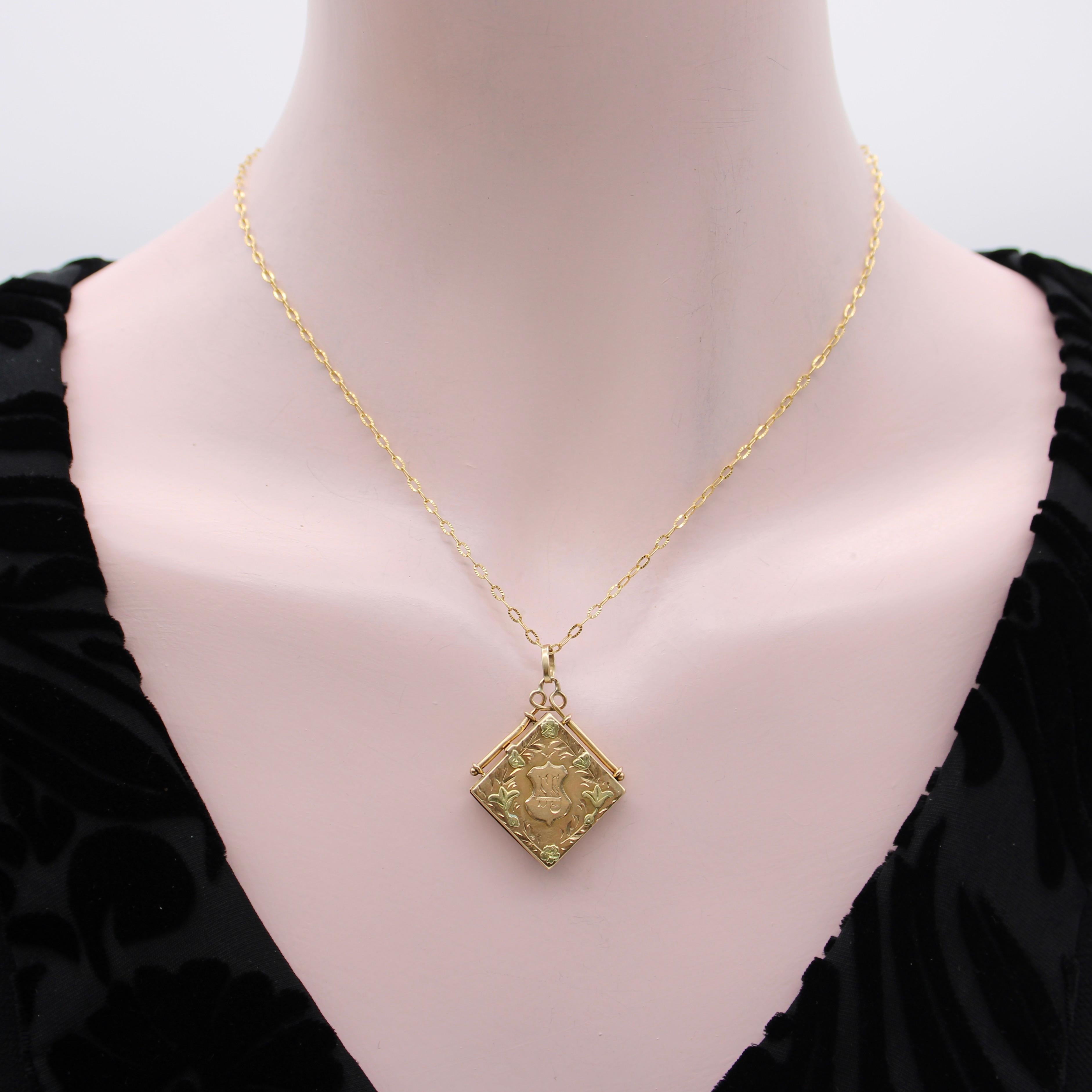 14K Gold Victorian Hand Engraved Square Fob Locket 2