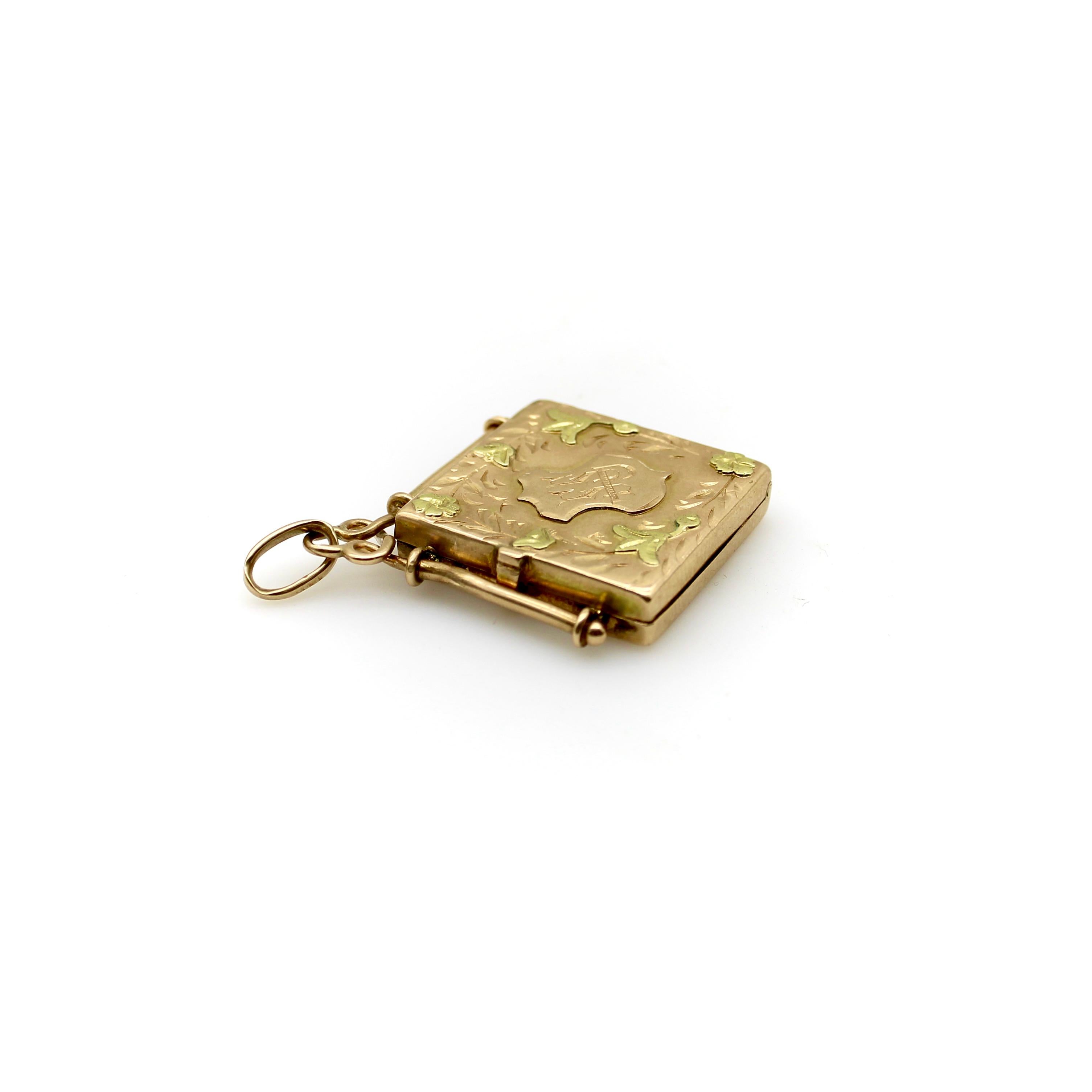 14K Gold Victorian Hand Engraved Square Fob Locket 3