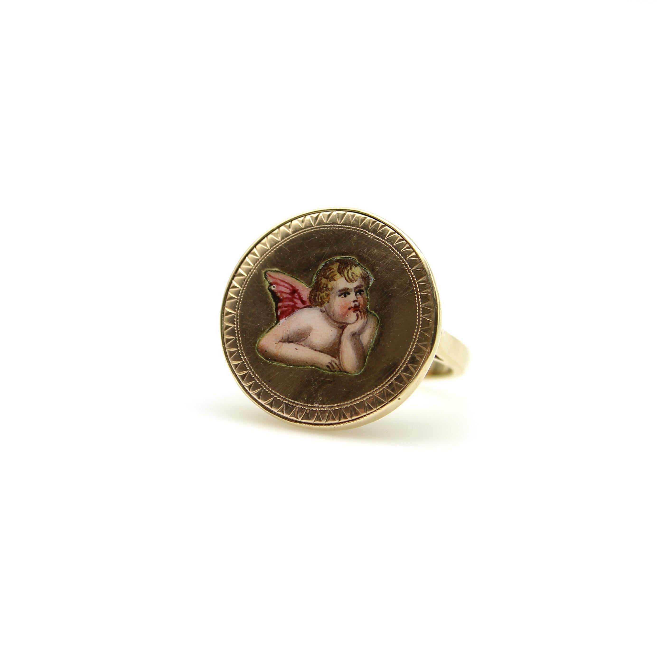 14K Gold Victorian Hand Painted Enamel Winged Cherub Ring For Sale 2