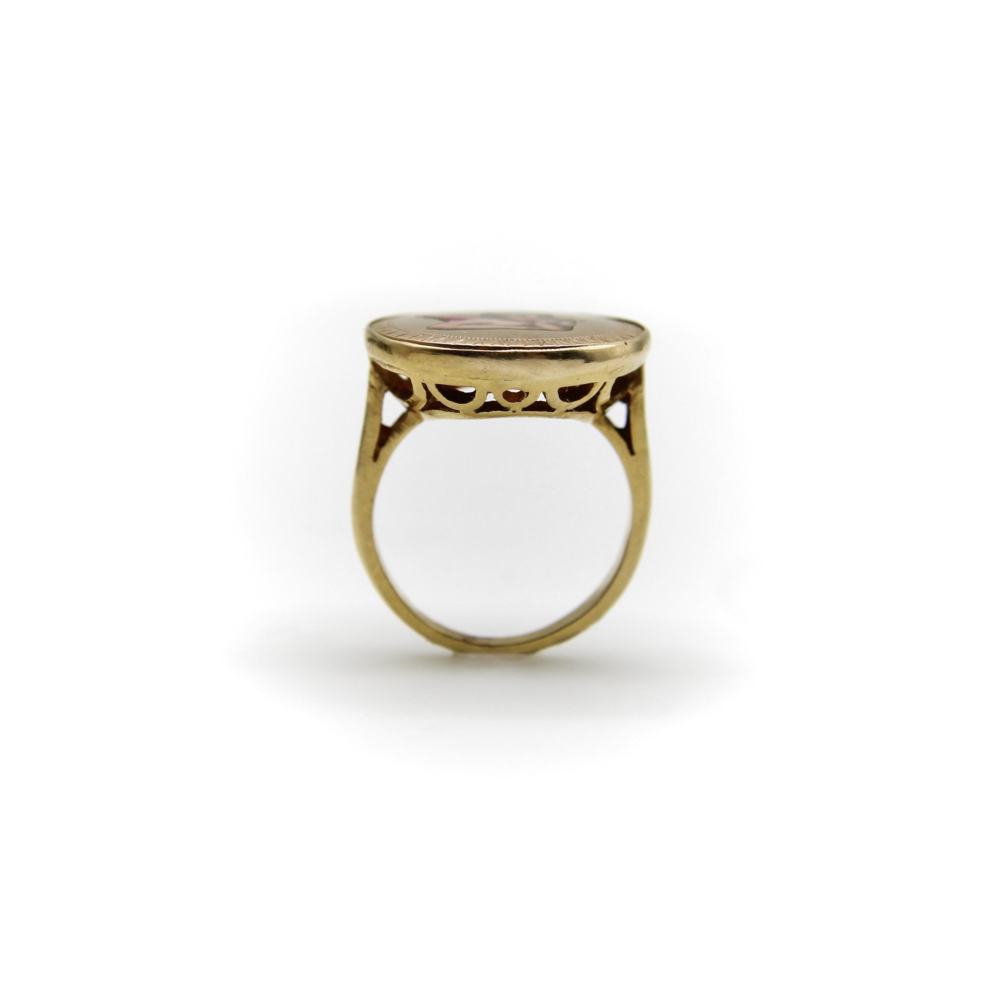 14K Gold Victorian Hand Painted Enamel Winged Cherub Ring For Sale 3