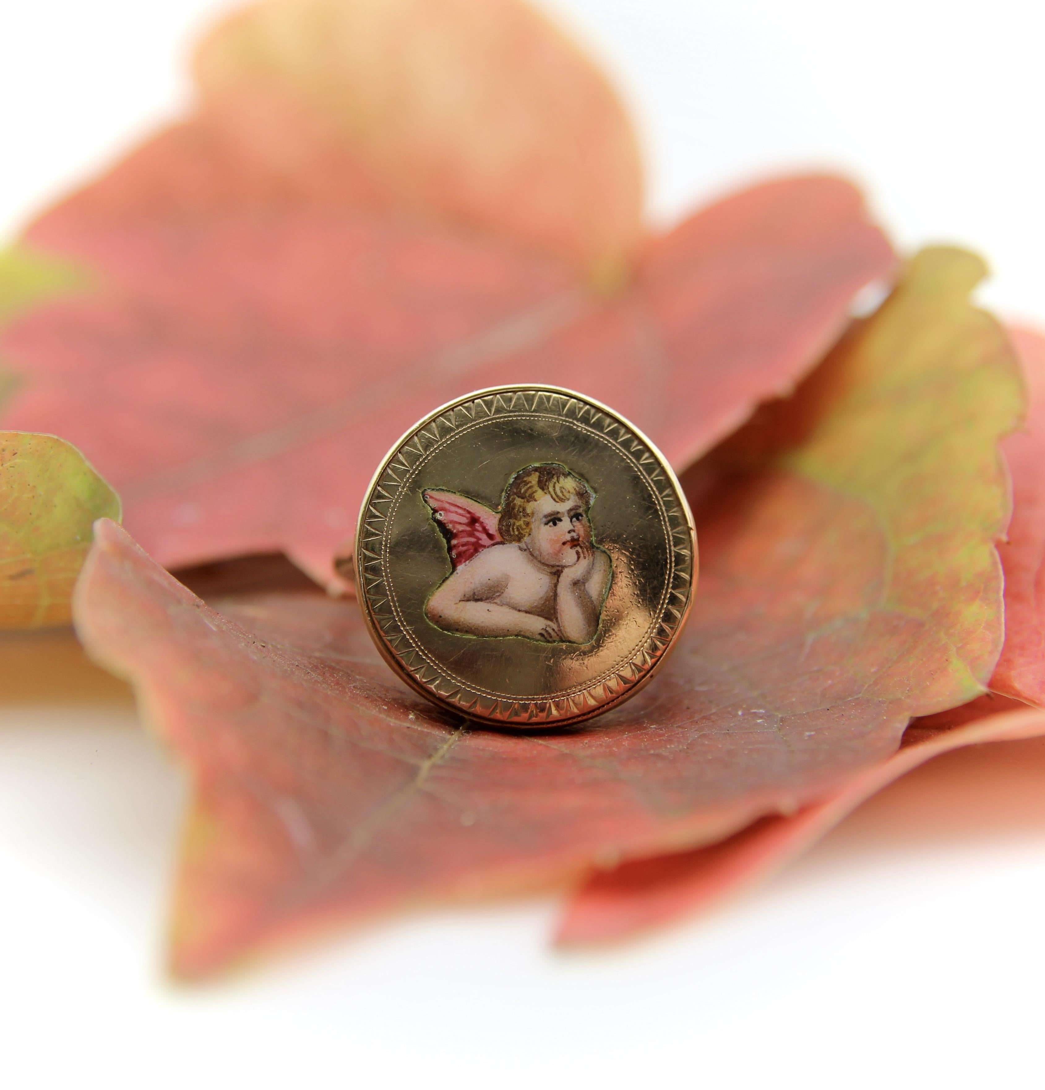 14K Gold Victorian Hand Painted Enamel Winged Cherub Ring For Sale 4