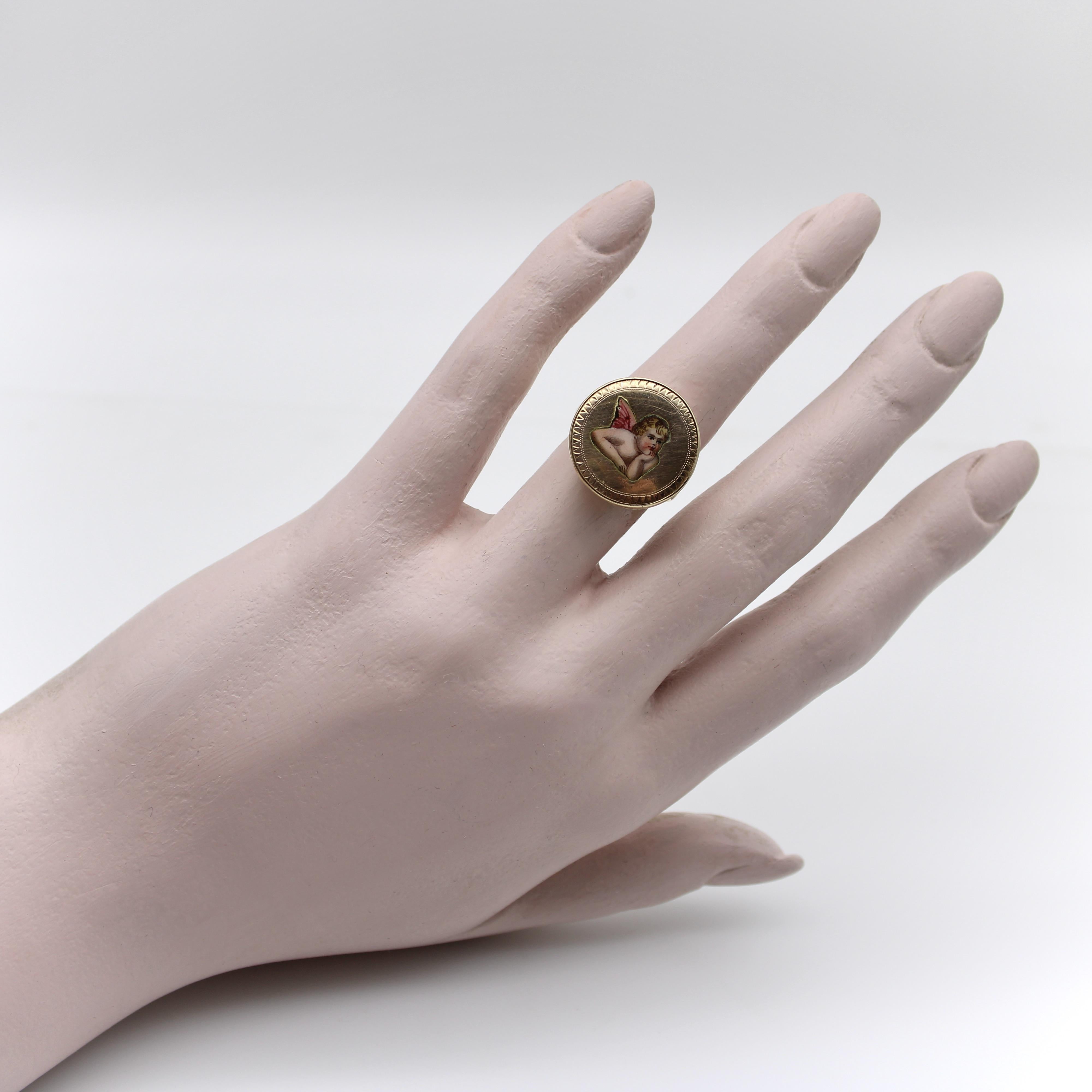 14K Gold Victorian Hand Painted Enamel Winged Cherub Ring For Sale 5